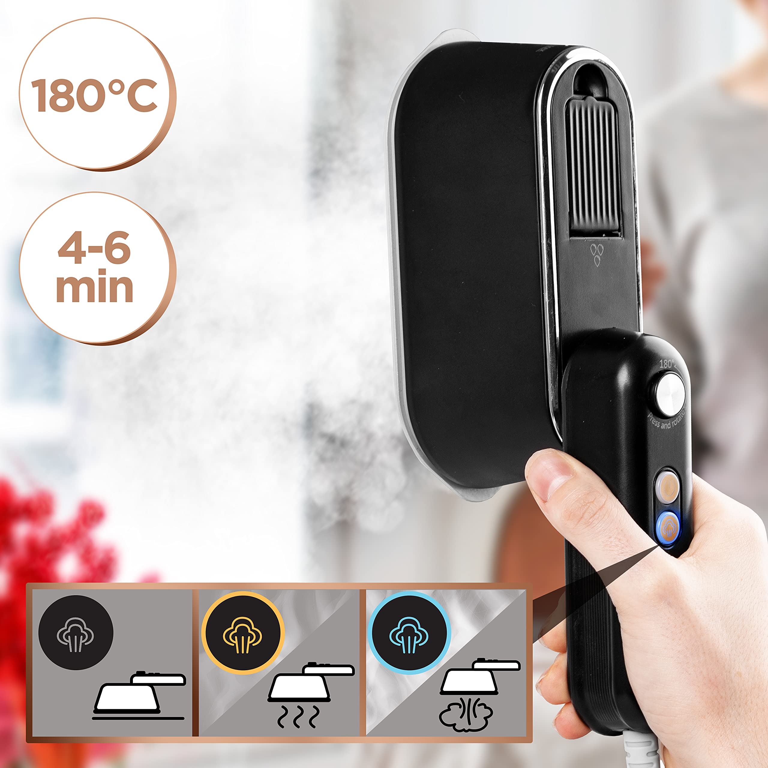 Zoomgoods Steam Irons HS90 BK Travel Iron, Garment Steamers, Handheld Vertical Steamer for Travel, Holiday Quilting Craft, Crease Wrinkle Remover - Black