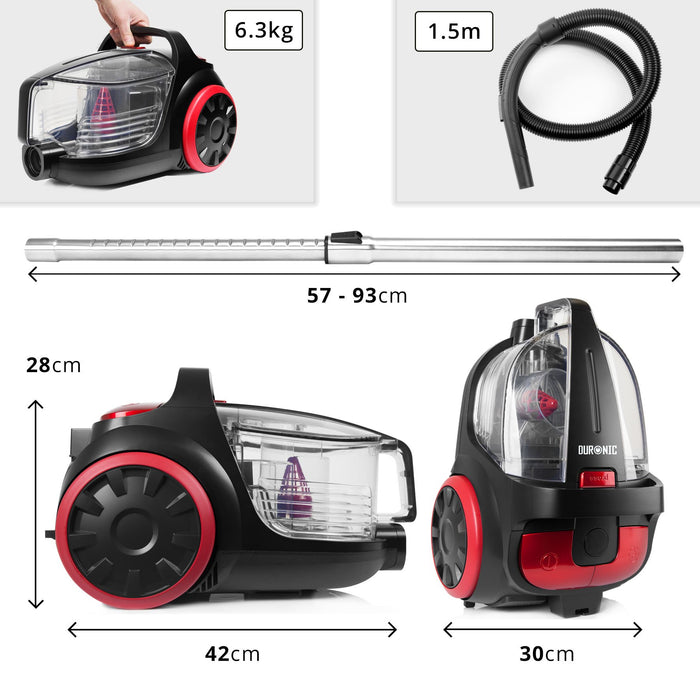Zoomgoods Bagless Cylinder Vacuum Cleaner VC5010, Cyclonic Carpet and Hard Floor Cleaner, 500W, Lightweight and Low Noise, HEPA Filter, Extendable Hose, Comes with 4 Attachments [Energy Class A+]