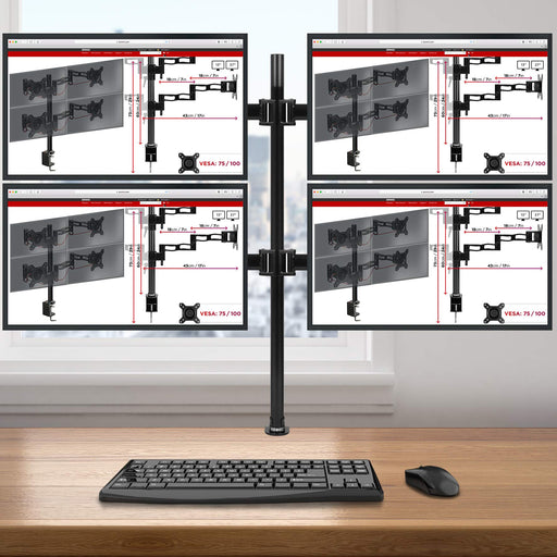 Zoomgoods Computer Quad Monitor Arms DM254 Adjustable Quad Monitor Stand Riser Clamp for 13-27” screens 4 Monitor Desk Mounts with VESA 75/100 Four Monitor Mount with 8kg Capacity Stand for Home Office