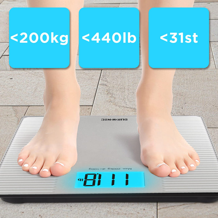 Zoomgoods Body Scales BS204 | Measures Body Weight in Kilograms, Pounds & Stones | Silver Non-Slip Design | Step-On Activation Bathroom Scales | Precision Sensors | XL Digital Display | 200kg Capacity