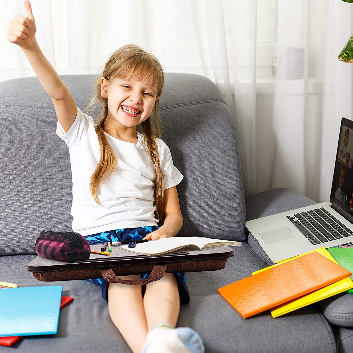 Zoomgoods Laptop Tray with Cushion DML432 | Ergonomic Lap Desk for Bed, Sofa, Car | Built-in Tablet Holder | Bean Cushion Pad | Brown | Portable Design with Carry Handle| For Home/Office…