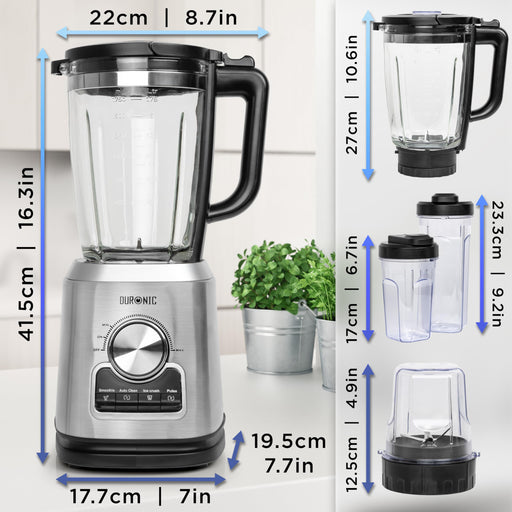 Zoomgoods Jug Blender BL114 with Grinder 1.75L Glass Table Jug, 1400W Stainless Steel Mini Blender with 6 sided Blades, with Pre-Set Functions, Ideal for Baby food, Soups and Protein Shakes