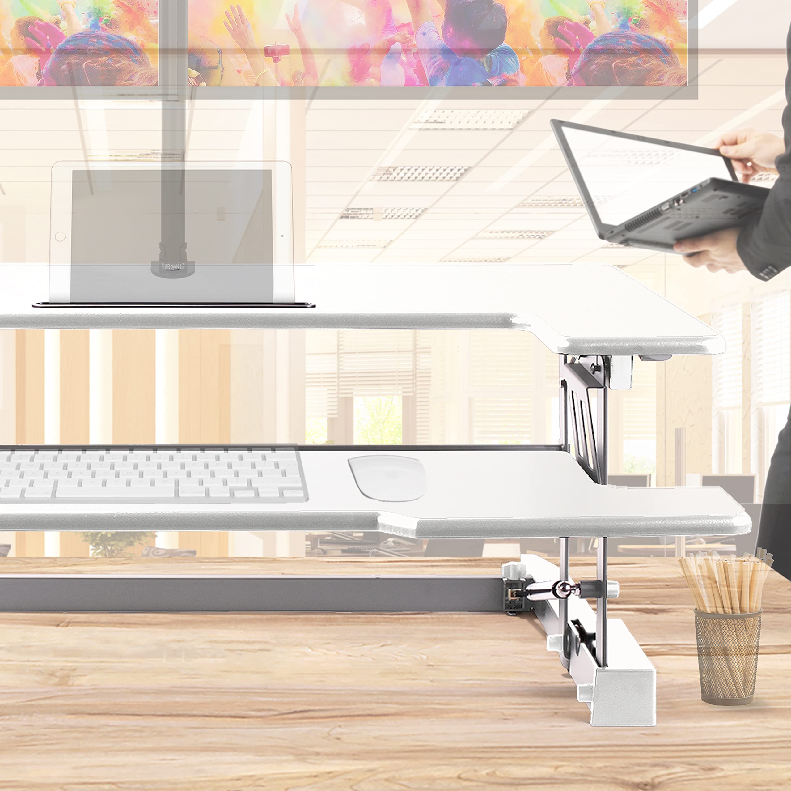 Zoomgoods Sit-Stand Desk DM05D1WE [WHITE] | Height Adjustable Office Workstation | 92x56cm Platform | Raises 16.5-41.5cm | PC Computer Screen, Keyboard, Laptop Riser | Ergonomic Desktop Table Converter