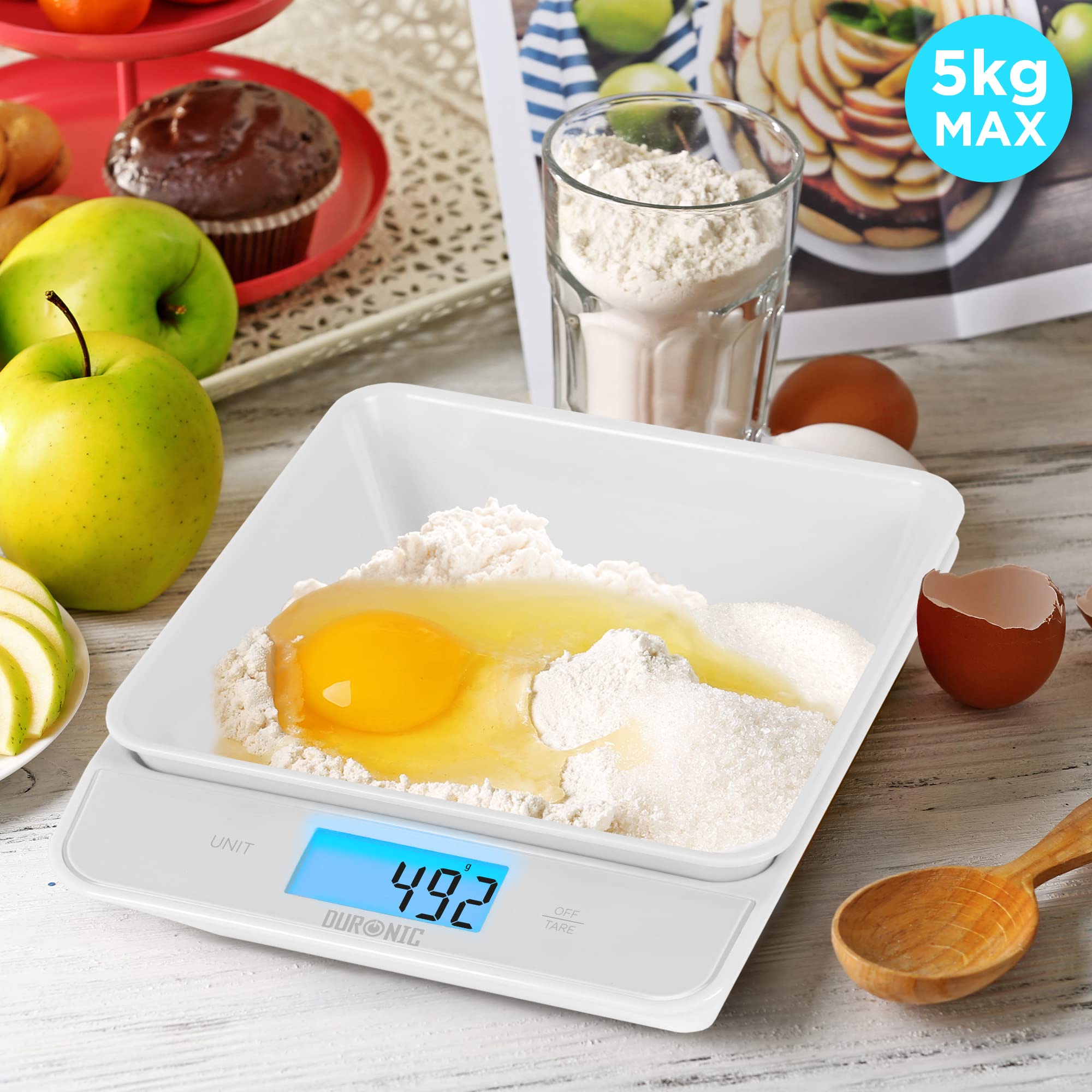 Zoomgoods Digital Kitchen Scales KS100 WH Electronic Kitchen Scale with Bowl Measuring Weighing Scale White Baking Scale for Cooking Baking Mail Pet Food Measurement Baker Weight Scale, Tare LCD Display