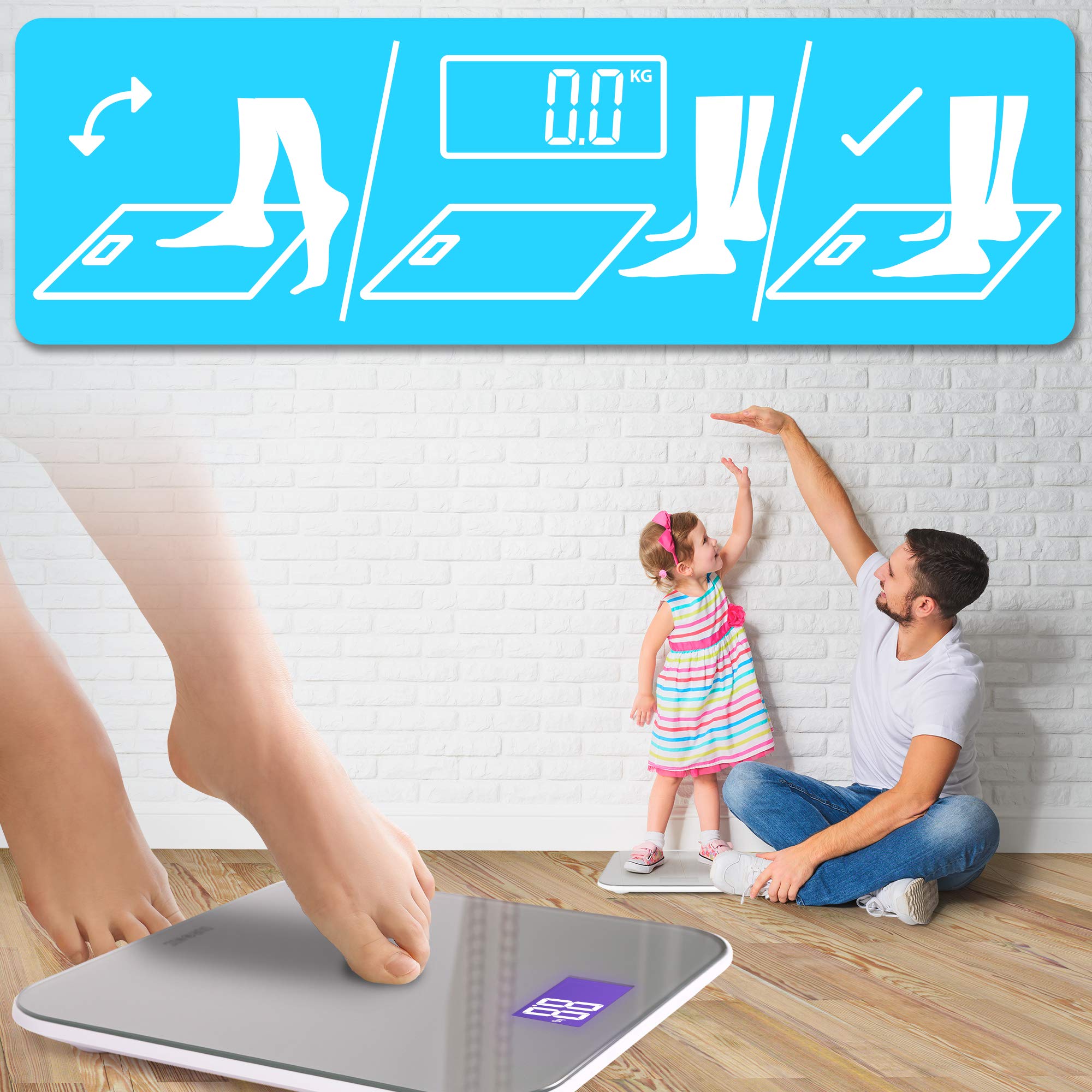 Zoomgoods Digital Bathroom Body Scales BS603 | Measures Body Weight in Kilograms, Pounds and Stones | Silver Glass Design with Purple Backlight | Step-On Activation | Precision Sensors | 180kg Capacity