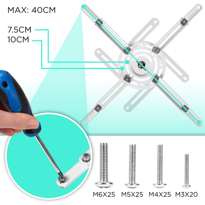 Zoomgoods Projector Mount Stand for Ceiling or Wall Bracket PB06XL | 13.6kg Capacity | Extendable Universal Heavy Duty Adjustable Clamp | Tilt Swivel Rotate | White