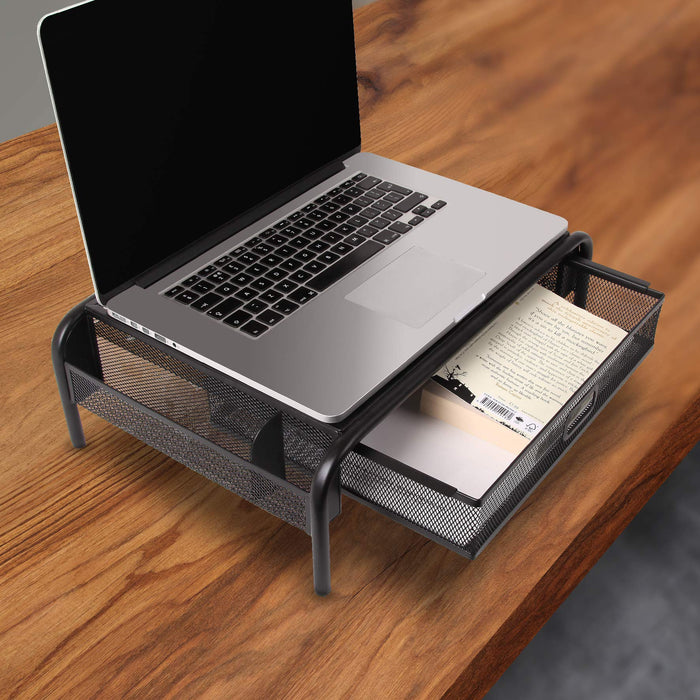 Zoomgoods Monitor Stand Riser with Drawer DM072 | Laptop and Screen Platform for Desktop | Metal Support for PC Computer Monitor | Ergonomic Office Desk Shelf | 10kg Capacity | Black | 33x26cm