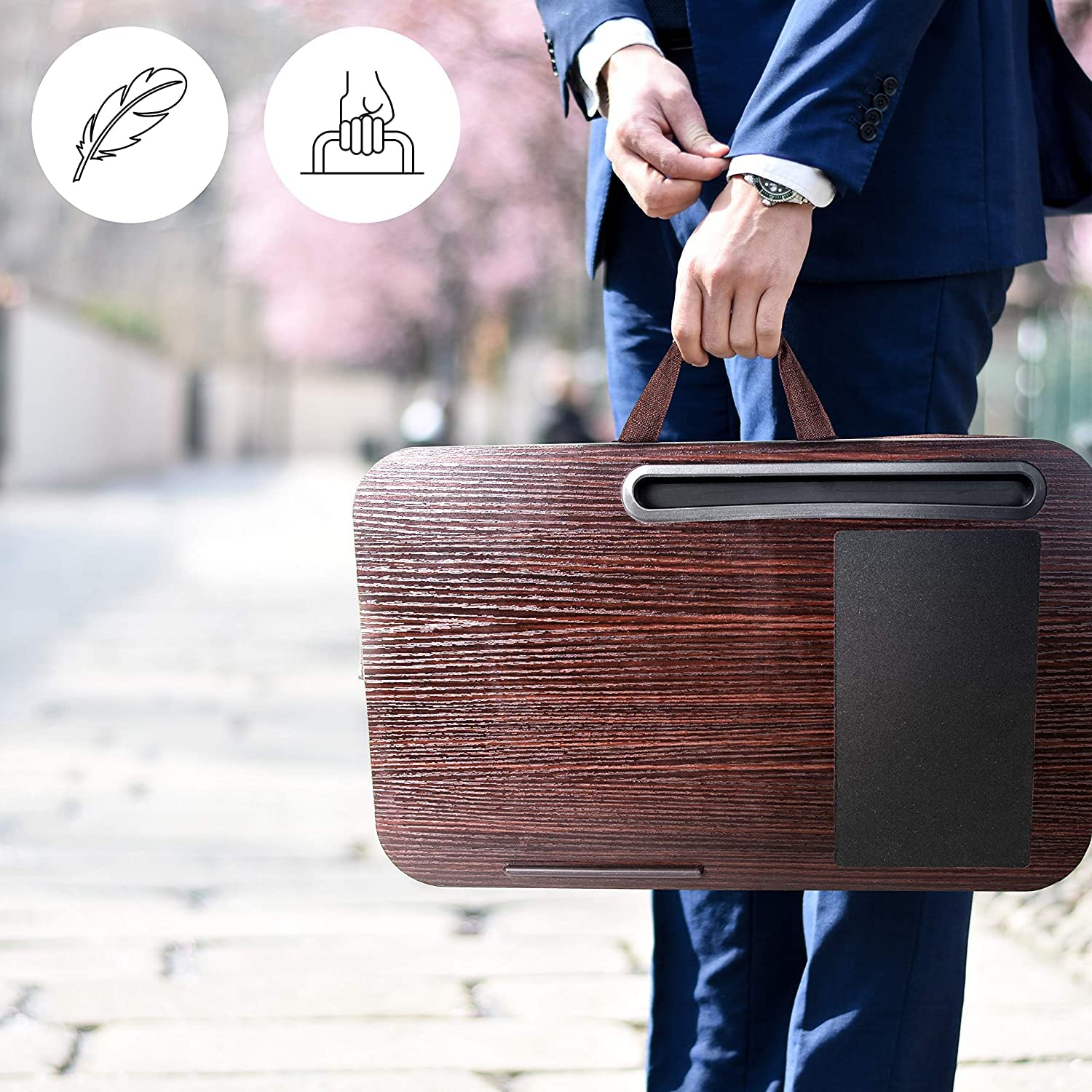 Zoomgoods Laptop Tray with Cushion DML422 BROWN, Ergonomic Lap Desk for Bed, Sofa, Car, Built-in Tablet Holder & Mouse Pad, Foam Cushion Support, Portable Design with Carry Handle, For Home/Office