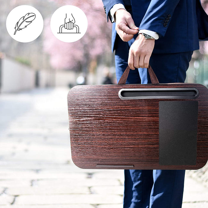 Zoomgoods Laptop Tray with Cushion DML422 BROWN, Ergonomic Lap Desk for Bed, Sofa, Car, Built-in Tablet Holder & Mouse Pad, Foam Cushion Support, Portable Design with Carry Handle, For Home/Office