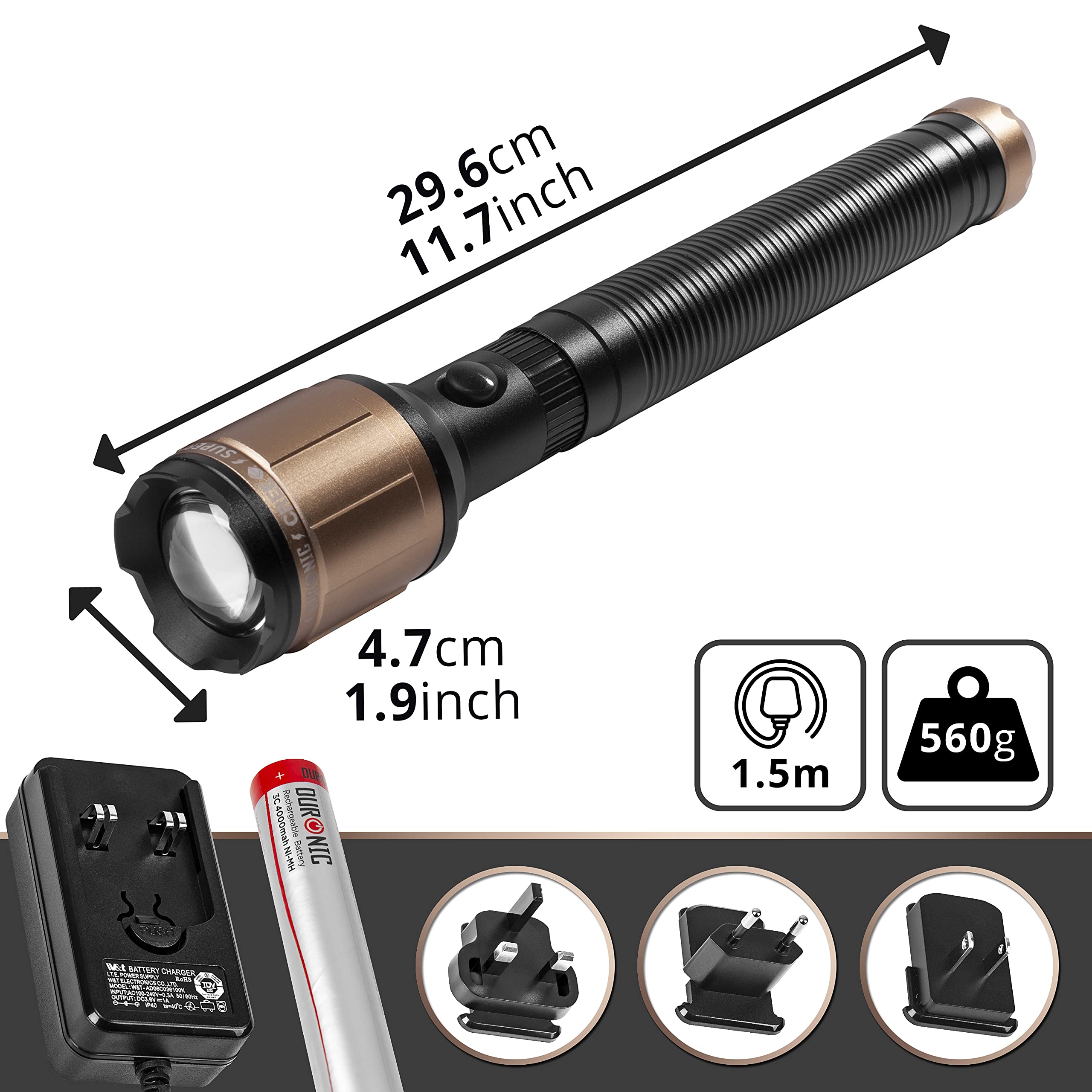 Zoomgoods Rechargeable Torch Flashlight RFL903C, Hand Held LED Portable Light, Lightweight Super Bright Torch Light for Night, Hiking, Camping, Caving