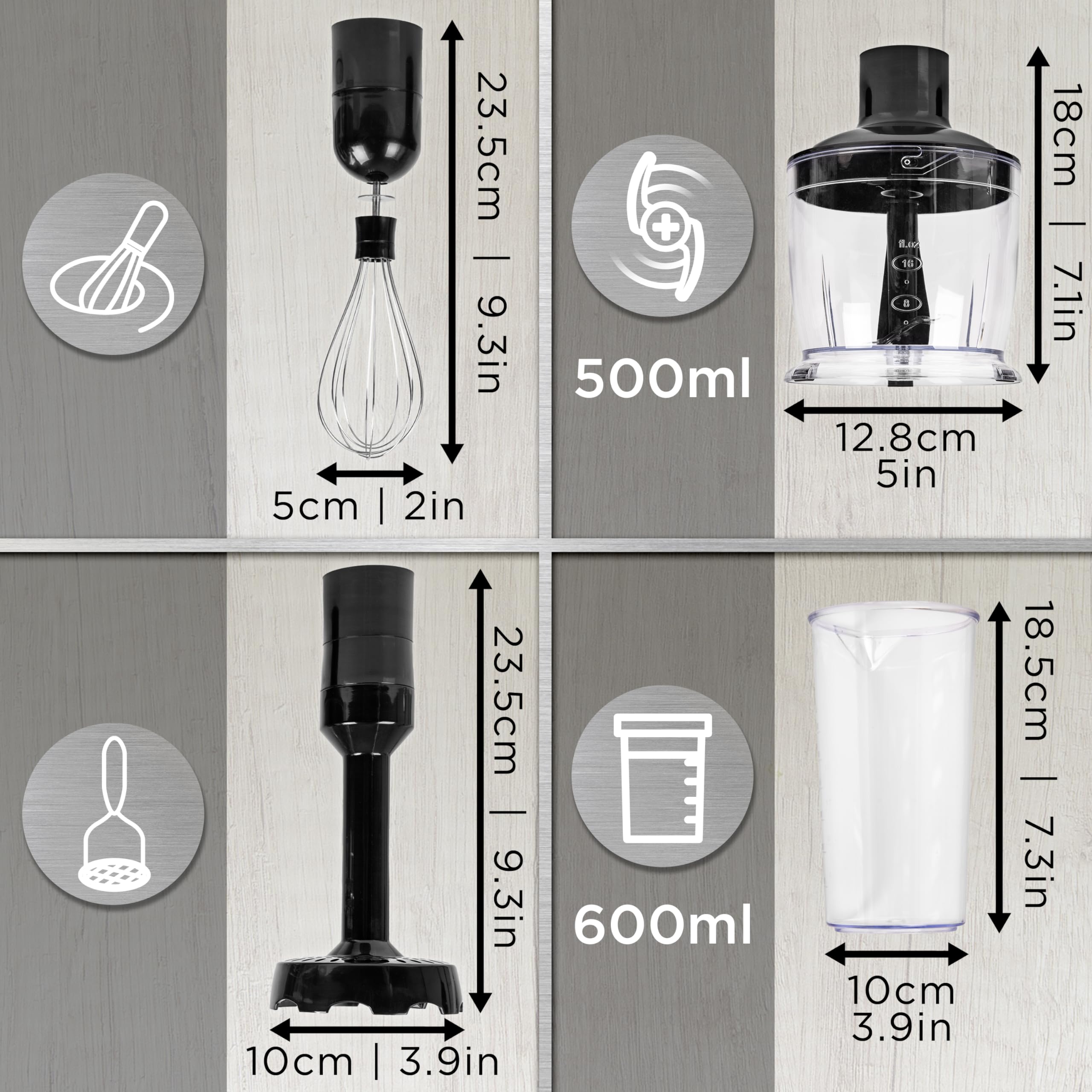 Zoomgoods Hand Blender Accessories HBA35 for Hand Blender HB35B Includes Whisk & Masher Attachments, Dual Blade Chopper & 600ml Jug
