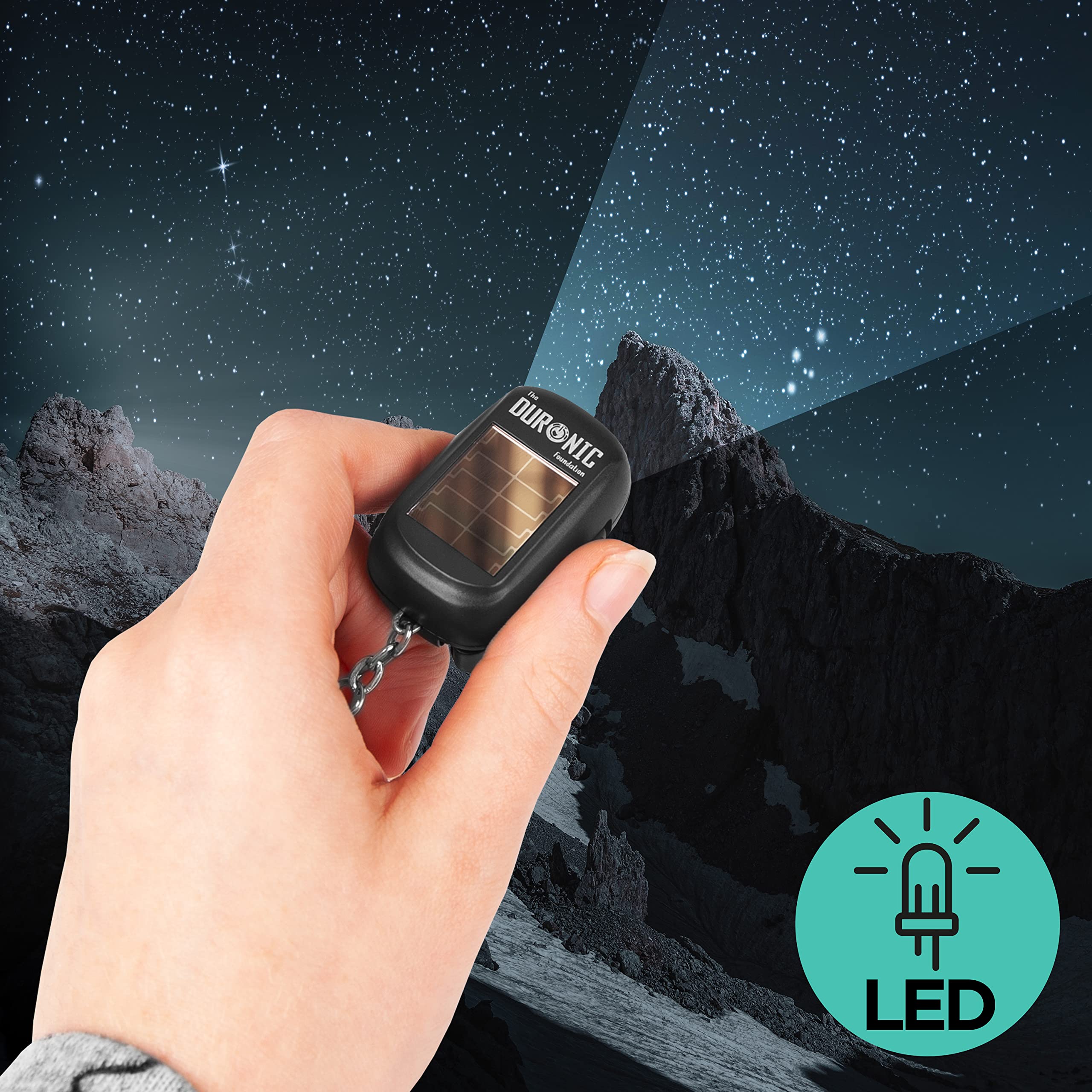 Zoomgoods Keyring LED Torch DF01, Pocket Flashlight, 2-Way Charging - Wind Up and Solar Panel, Eco, Crank Handle Rechargeable, 8 Lumens, Dynamo Keychain Light, No Batteries Needed