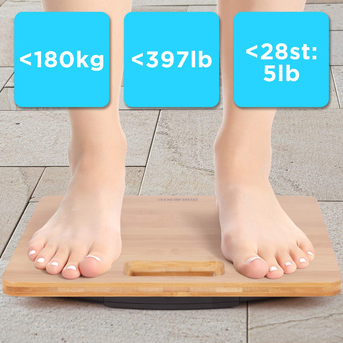 Zoomgoods Digital Bathroom Body Scales BS503 - Measures Body Weight in Kilograms, Pounds and Stones - Lightweight Eco-Friendly Bamboo Design, Step-On Activation, Precision Sensors, 180kg Capacity