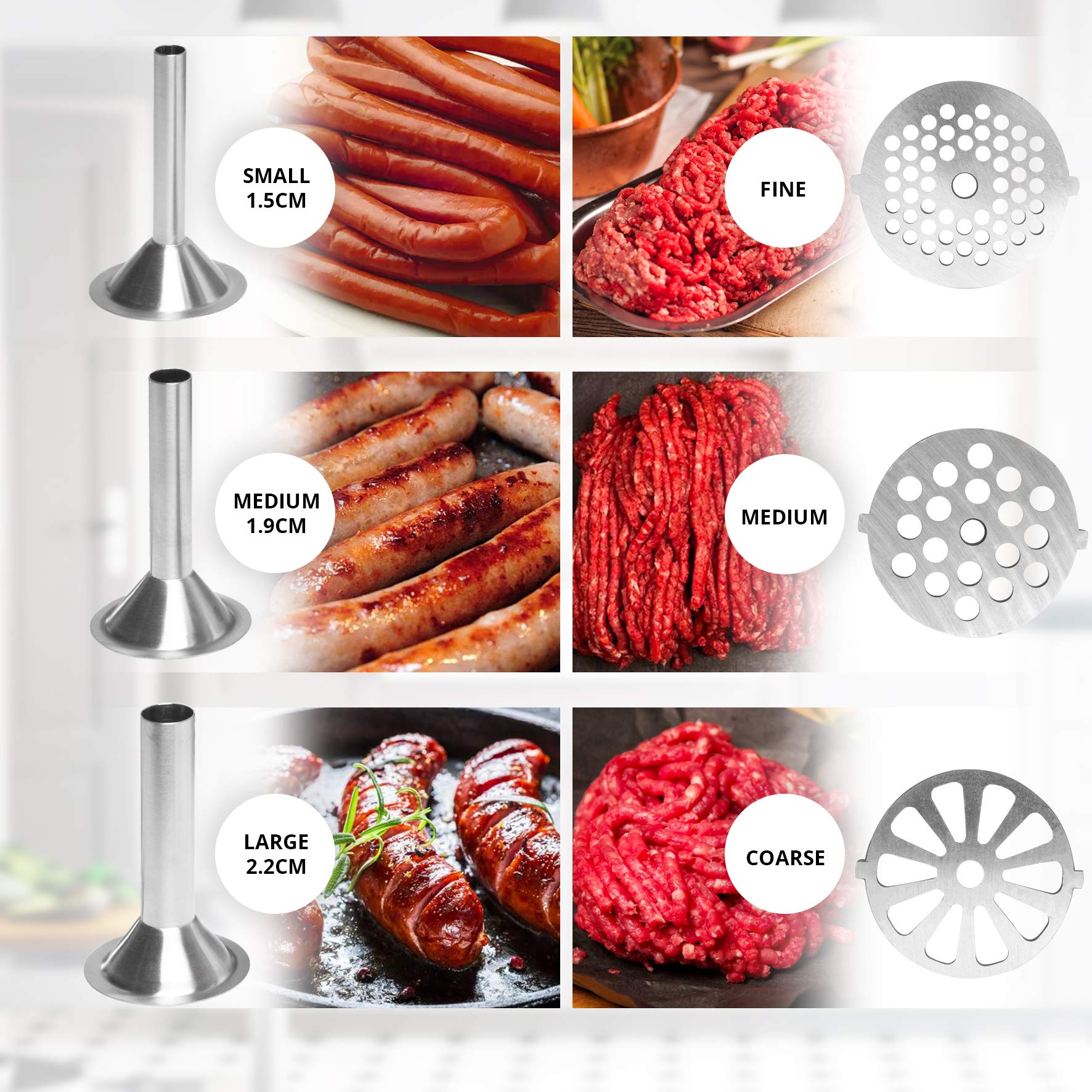 Zoomgoods Meat Grinder MG301, Electric Meat Mincer Machine, Sausage Maker and Kibbeh Maker, Grinder Mixer for Food, Meat, Fish, Vegetables, Kebabs at Home, Stainless Steel Plates