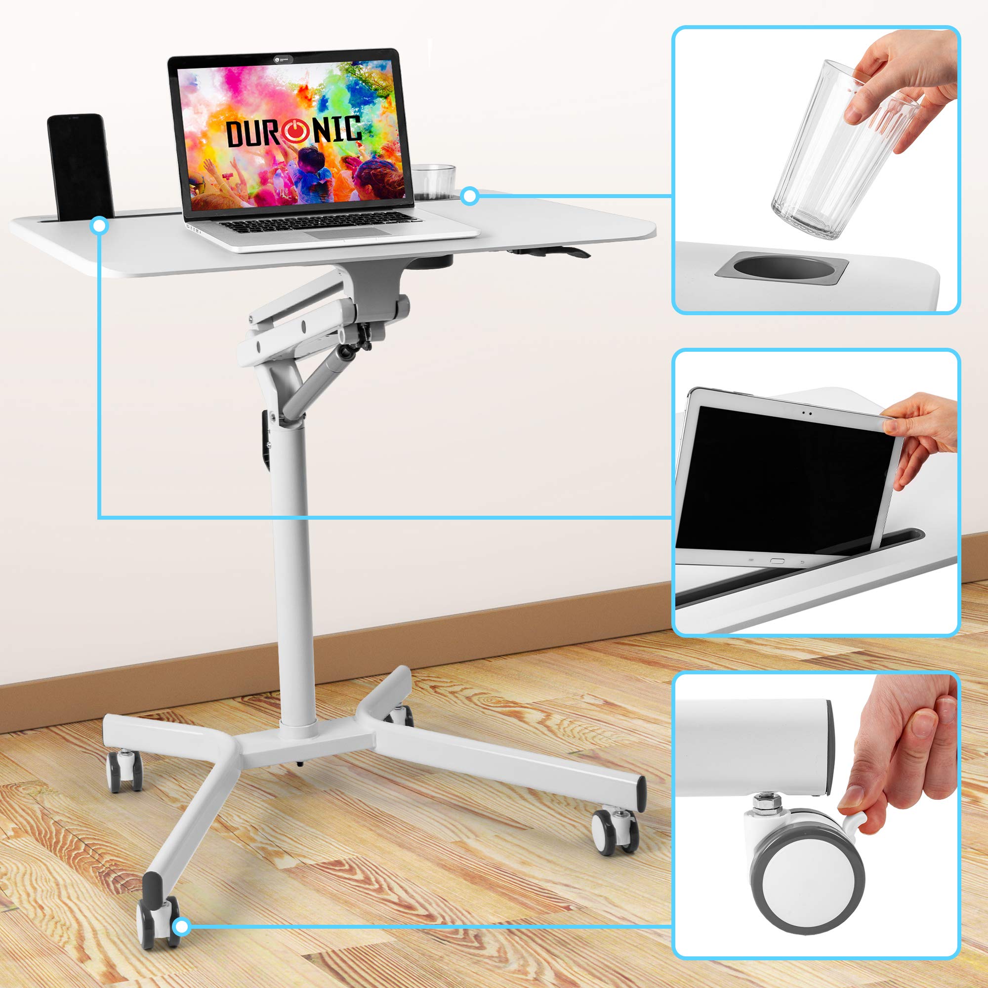 Zoomgoods Sit-Stand Desk WPS57 | WHITE Ergonomic Desk with Tablet Support & Cup Holder | Multi-Use Table on Wheels | 70x52cm Platform | Adjustable Height & Reach | 10kg Capacity | For Home/Office…