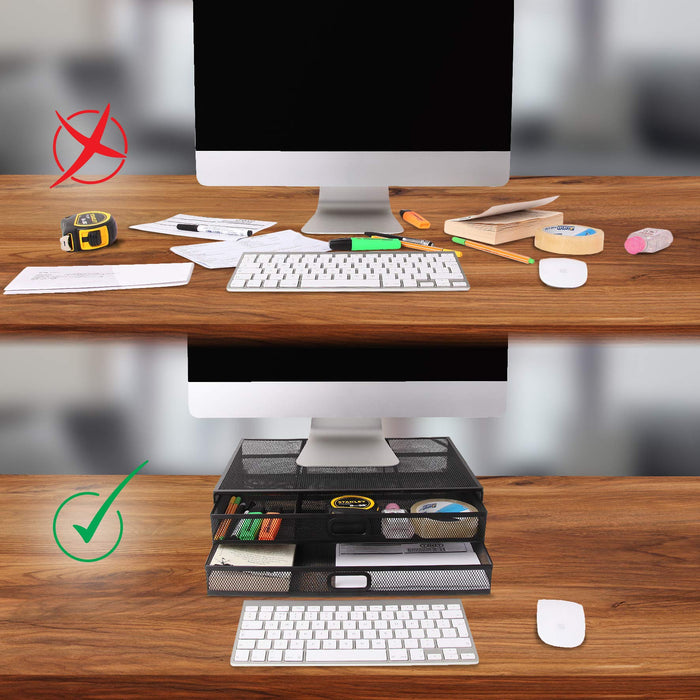 Zoomgoods Monitor Stand Riser with Drawers DM073 | Laptop and Screen Platform & Desktop Organiser | Metal Support for PC Computer Monitor | Ergonomic Office Desk Shelf | 10kg Capacity | Black | 40x30cm