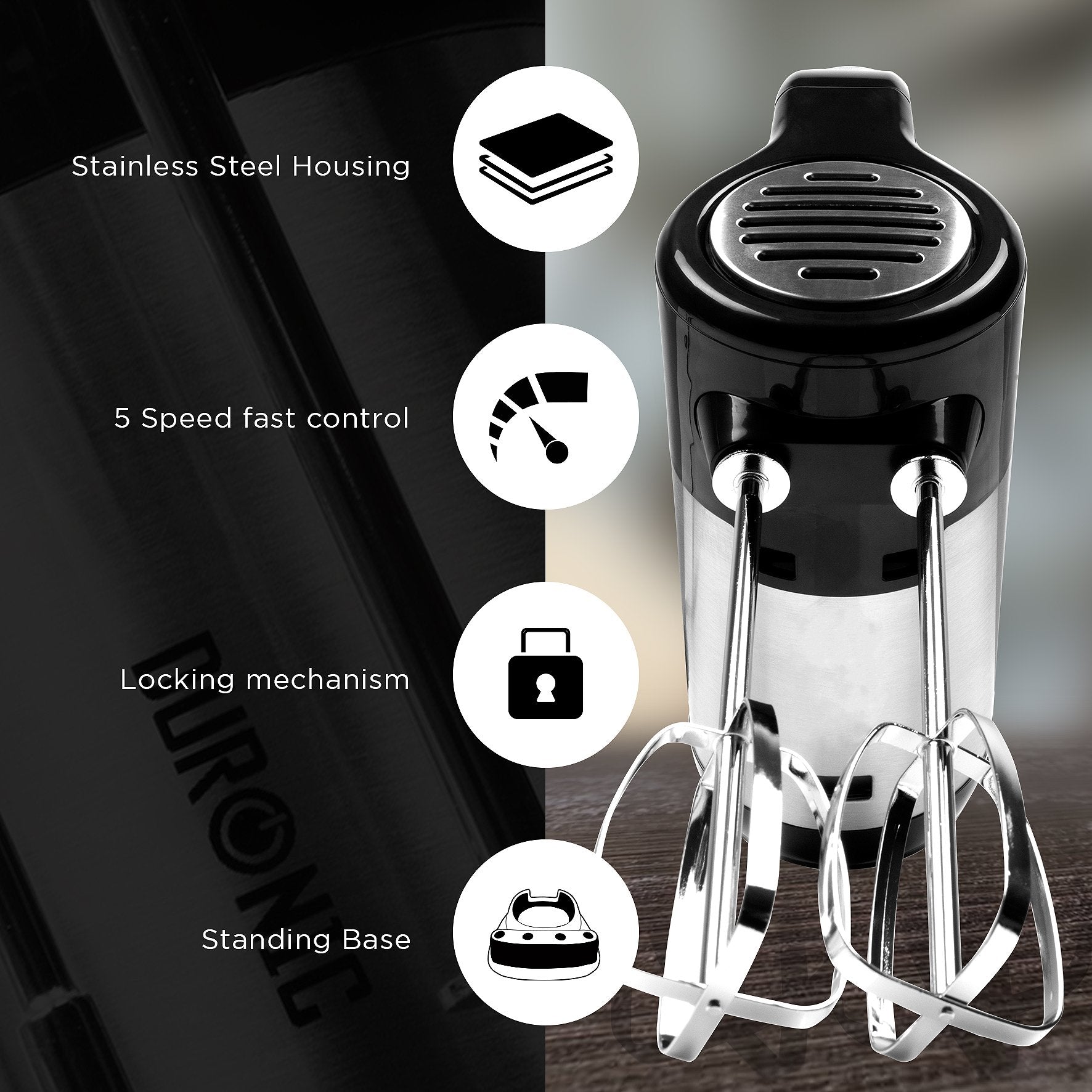 Zoomgoods Electric Hand Mixer HM3 BK Kitchen Handheld Food Mixers for Baking Dough, Bread, Eggs, Cake Mix, Cream, Hand Held Brownie Maker Mixer with 5 Speed Turbo Boost Whisker Hooks Beaters 300W - Black