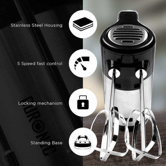 Zoomgoods Electric Hand Mixer HM3 BK Kitchen Handheld Food Mixers for Baking Dough, Bread, Eggs, Cake Mix, Cream, Hand Held Brownie Maker Mixer with 5 Speed Turbo Boost Whisker Hooks Beaters 300W - Black