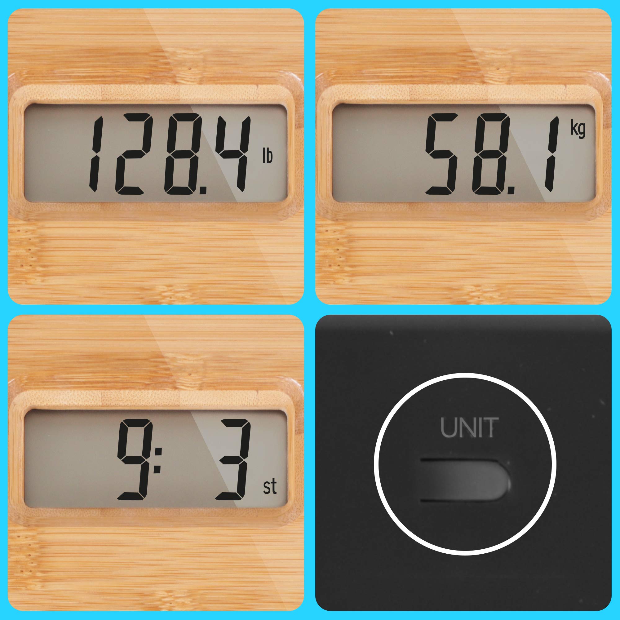 Zoomgoods Digital Bathroom Body Scales BS503 - Measures Body Weight in Kilograms, Pounds and Stones - Lightweight Eco-Friendly Bamboo Design, Step-On Activation, Precision Sensors, 180kg Capacity