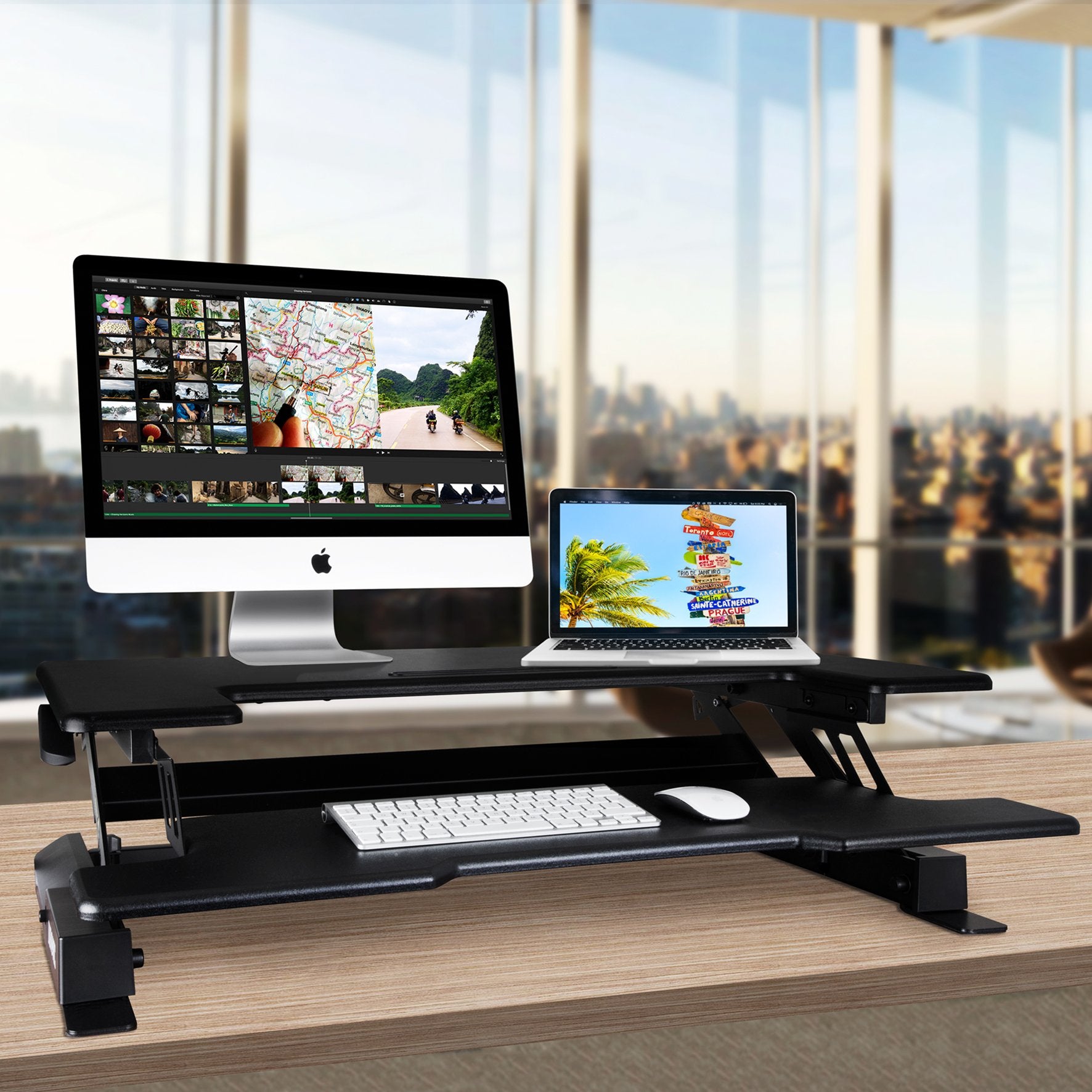 Zoomgoods Sit-Stand Desk DM05D1 [BLACK] | Height Adjustable Office Workstation | 92x56cm Platform | Raises 16.5-41.5cm | PC Computer Screen, Keyboard, Laptop Riser | Ergonomic Desktop Table Converter