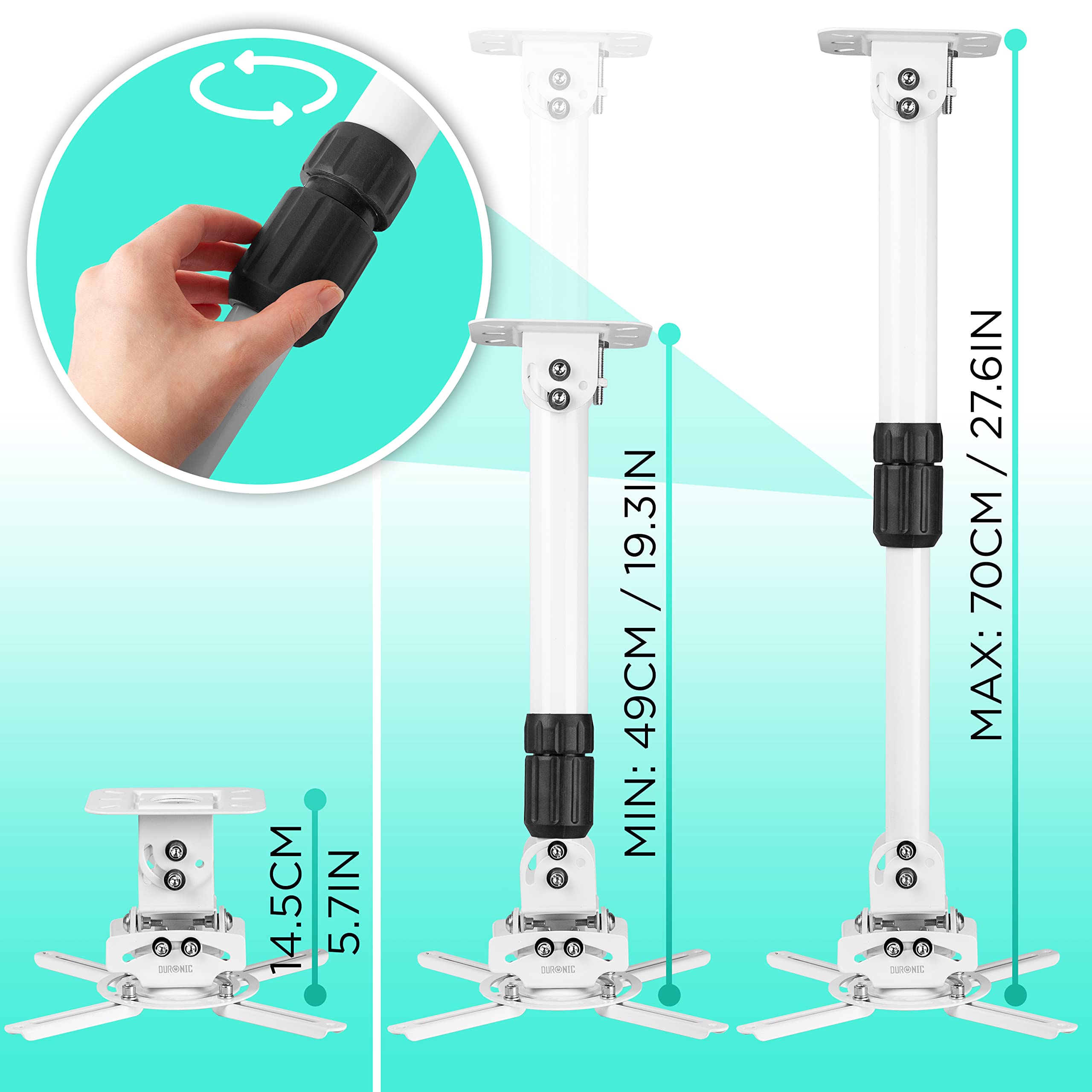 Zoomgoods Projector Mount Stand for Ceiling or Wall Bracket PB06XL | 13.6kg Capacity | Extendable Universal Heavy Duty Adjustable Clamp | Tilt Swivel Rotate | White