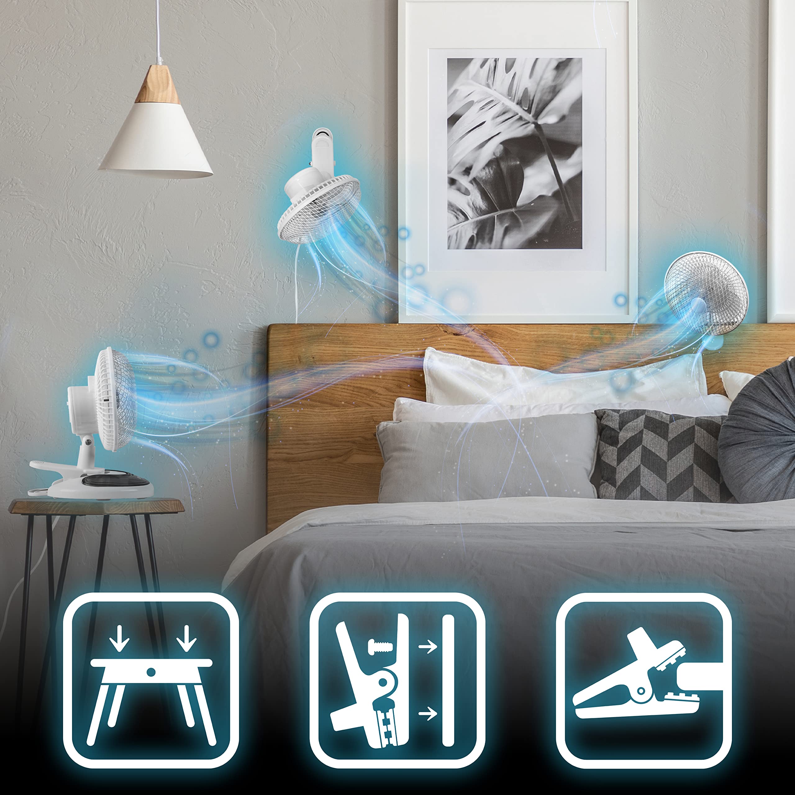 Zoomgoods Mini Desk Fan FN15 Cooling Fan, Clip On Fan, Desktop Fan, Wall Mount, 2 Speed Oscillating Mountable Tilt Stand Fan with Storage Compartment, Air Cooler Portable Summer Fan for Office Home Bedroom Gym Travel Holidays