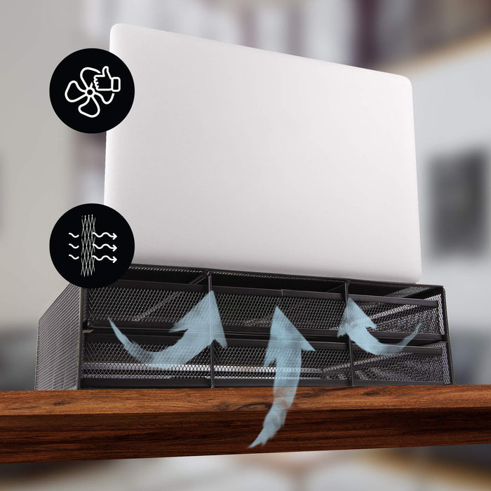 Zoomgoods Monitor Stand Riser with Drawers DM073 | Laptop and Screen Platform & Desktop Organiser | Metal Support for PC Computer Monitor | Ergonomic Office Desk Shelf | 10kg Capacity | Black | 40x30cm