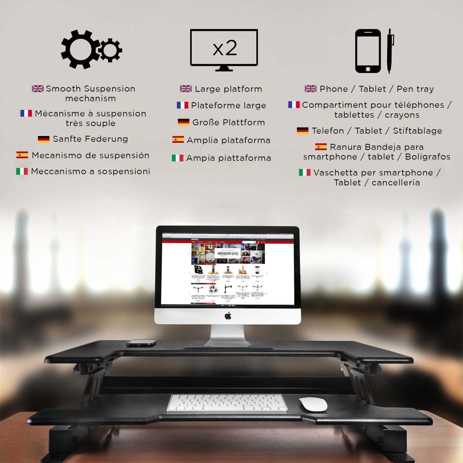 Zoomgoods Sit-Stand Desk DM05D1 [BLACK] | Height Adjustable Office Workstation | 92x56cm Platform | Raises 16.5-41.5cm | PC Computer Screen, Keyboard, Laptop Riser | Ergonomic Desktop Table Converter
