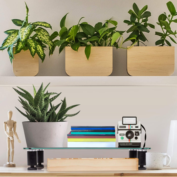 Zoomgoods Monitor Stand Riser DM051 | Laptop and Screen Stand for Desktop | Black Tempered Glass | Support for a TV or PC Computer Monitor | Ergonomic Office Desk Shelf | 40kg Capacity | 63x25cm