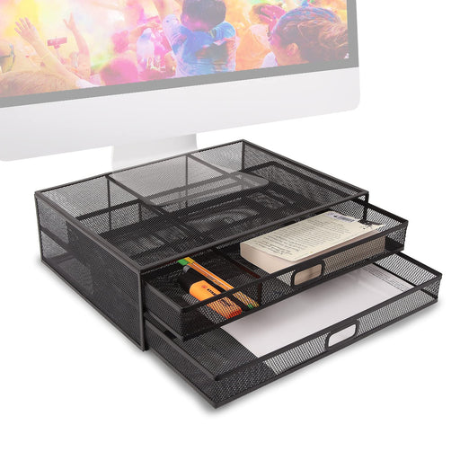 Zoomgoods Monitor Stand Riser with Drawers DM073 | Laptop and Screen Platform & Desktop Organiser | Metal Support for PC Computer Monitor | Ergonomic Office Desk Shelf | 10kg Capacity | Black | 40x30cm