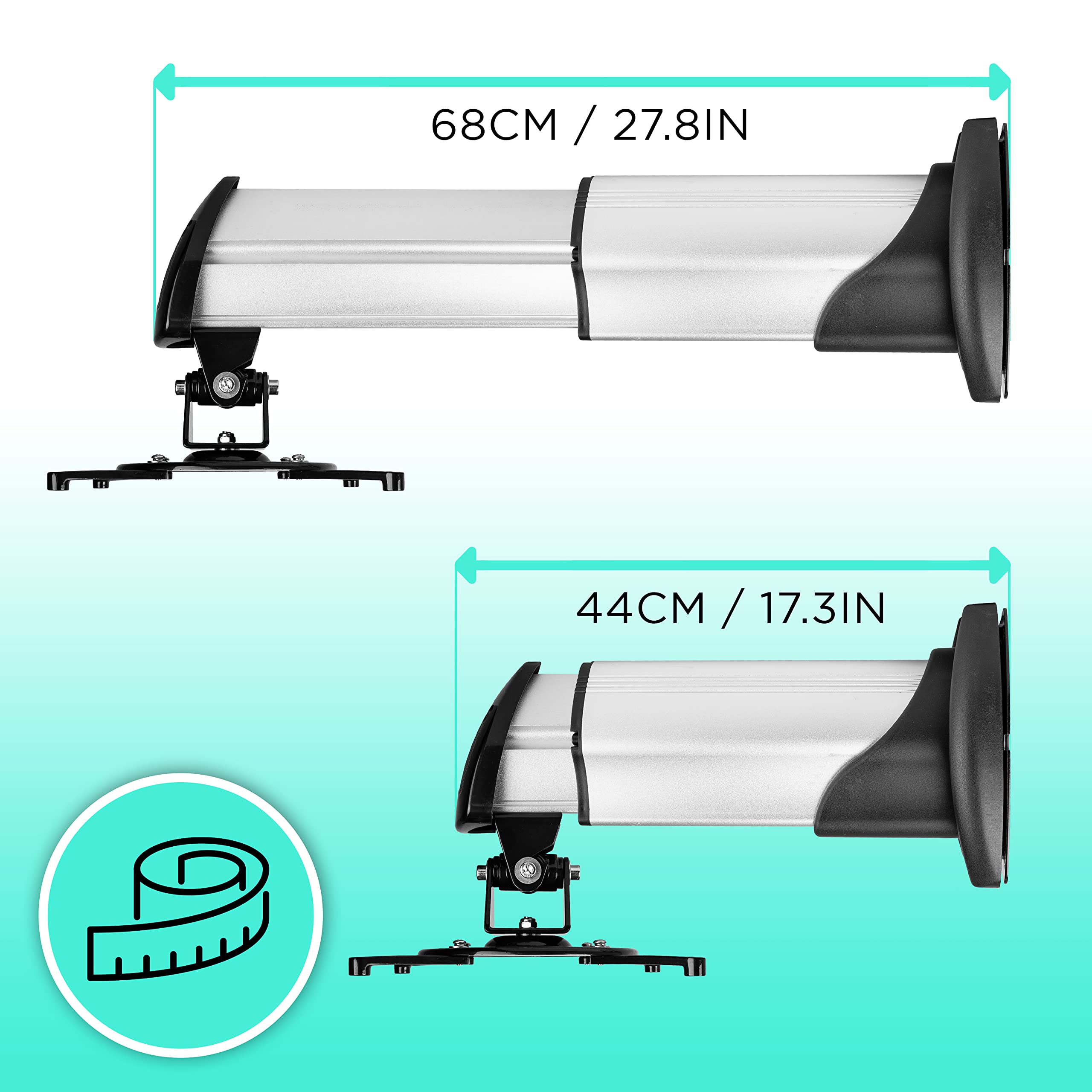 Zoomgoods Projector Mount PB10XM (silver) | Extendable Telescopic Bracket Arm Fixing for Wall | 15kg Capacity | Universal | Heavy Duty | Fittings Included | Rotate 360 °, Swivel 180 °, Tilt 60°
