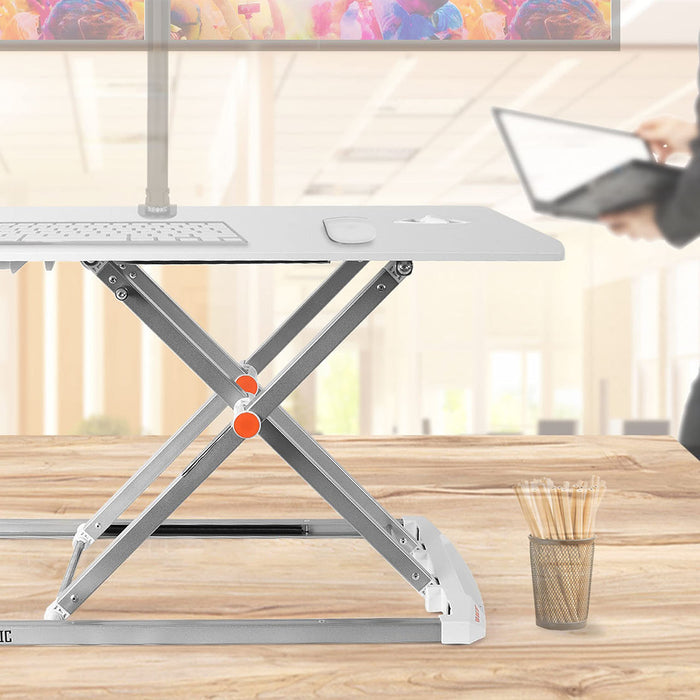 Zoomgoods Sit-Stand Desk DM05D11 WE [WHITE] | Height Adjustable Office Workstation | 74x43cm Platform | Raises from 5-40cm | Riser for PC Computer or Laptop | Ergonomic Desktop Table Converter