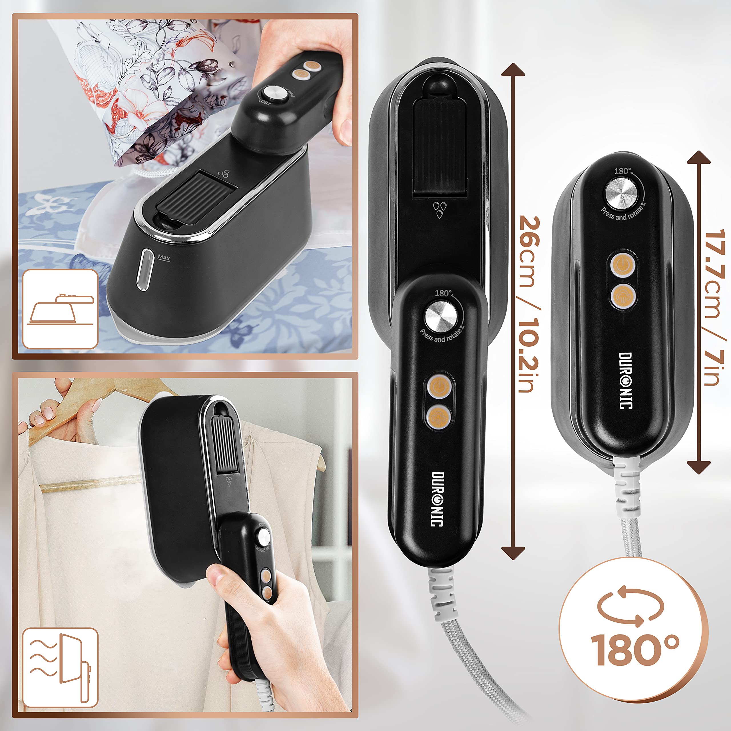 Zoomgoods Steam Irons HS90 BK Travel Iron, Garment Steamers, Handheld Vertical Steamer for Travel, Holiday Quilting Craft, Crease Wrinkle Remover - Black