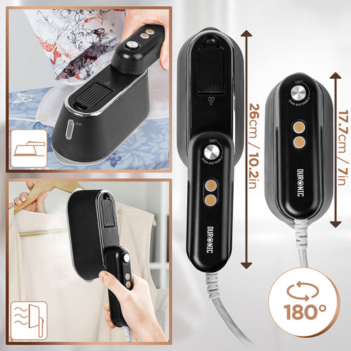 Zoomgoods Steam Irons HS90 BK Travel Iron, Garment Steamers, Handheld Vertical Steamer for Travel, Holiday Quilting Craft, Crease Wrinkle Remover - Black