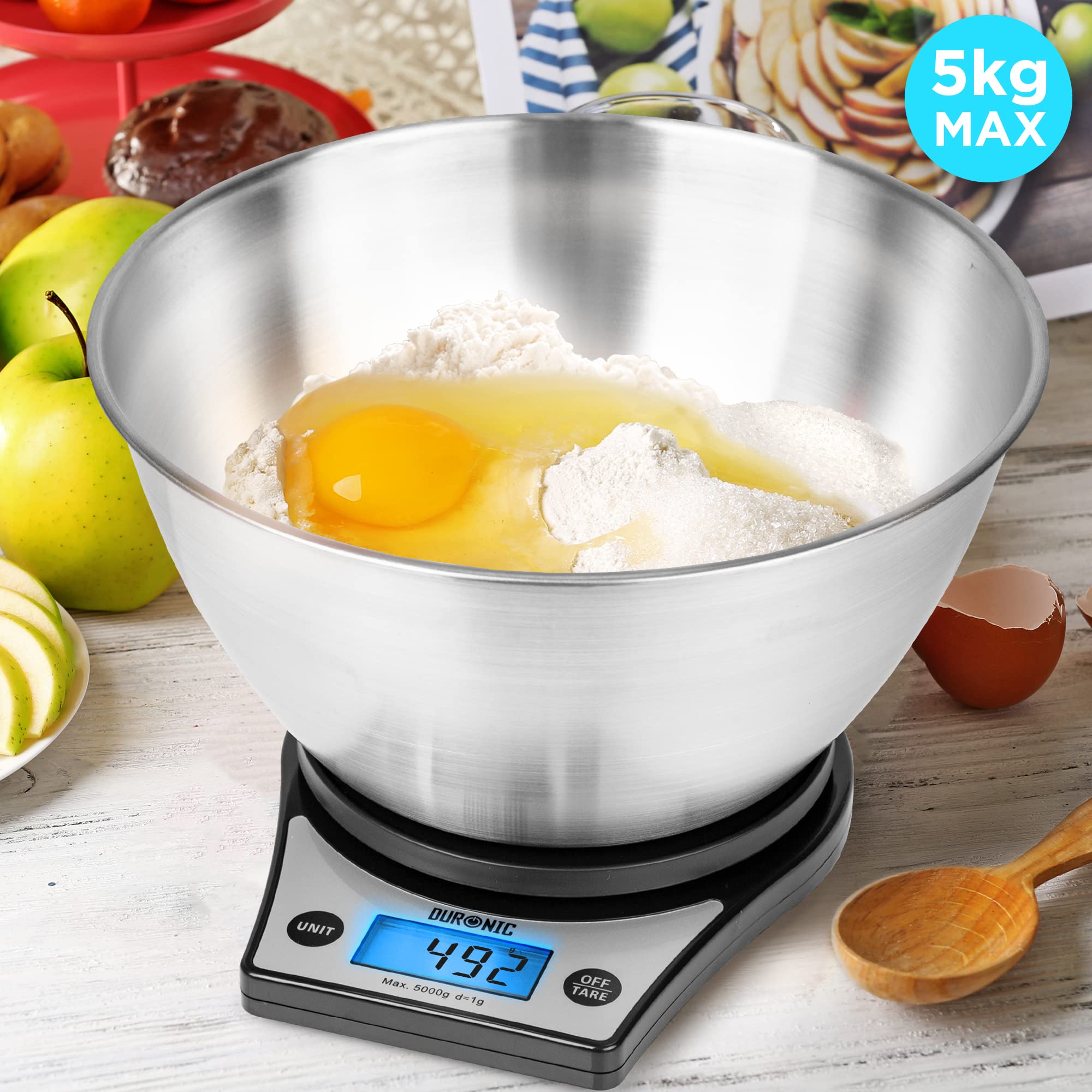 Zoomgoods Digital Kitchen Scale KS6000 BK/SS Kitchen Scales with Bowl, Weighing Scale, Baking Scale for Cooking Baking Pet Food Postal, Food Scale Weight Scale, Electronic Scale with Backlit LCD Display