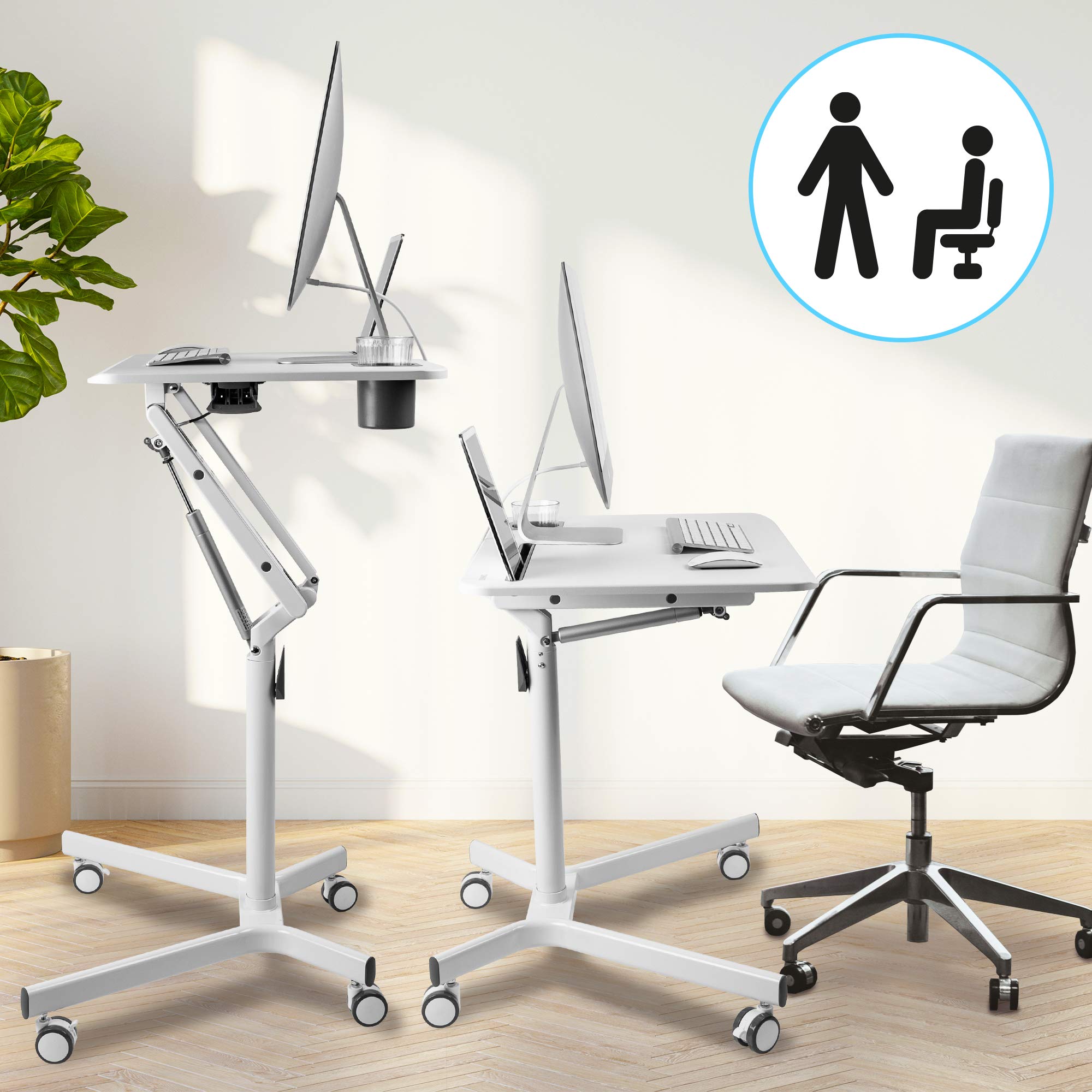 Zoomgoods Sit-Stand Desk WPS57 | WHITE Ergonomic Desk with Tablet Support & Cup Holder | Multi-Use Table on Wheels | 70x52cm Platform | Adjustable Height & Reach | 10kg Capacity | For Home/Office…