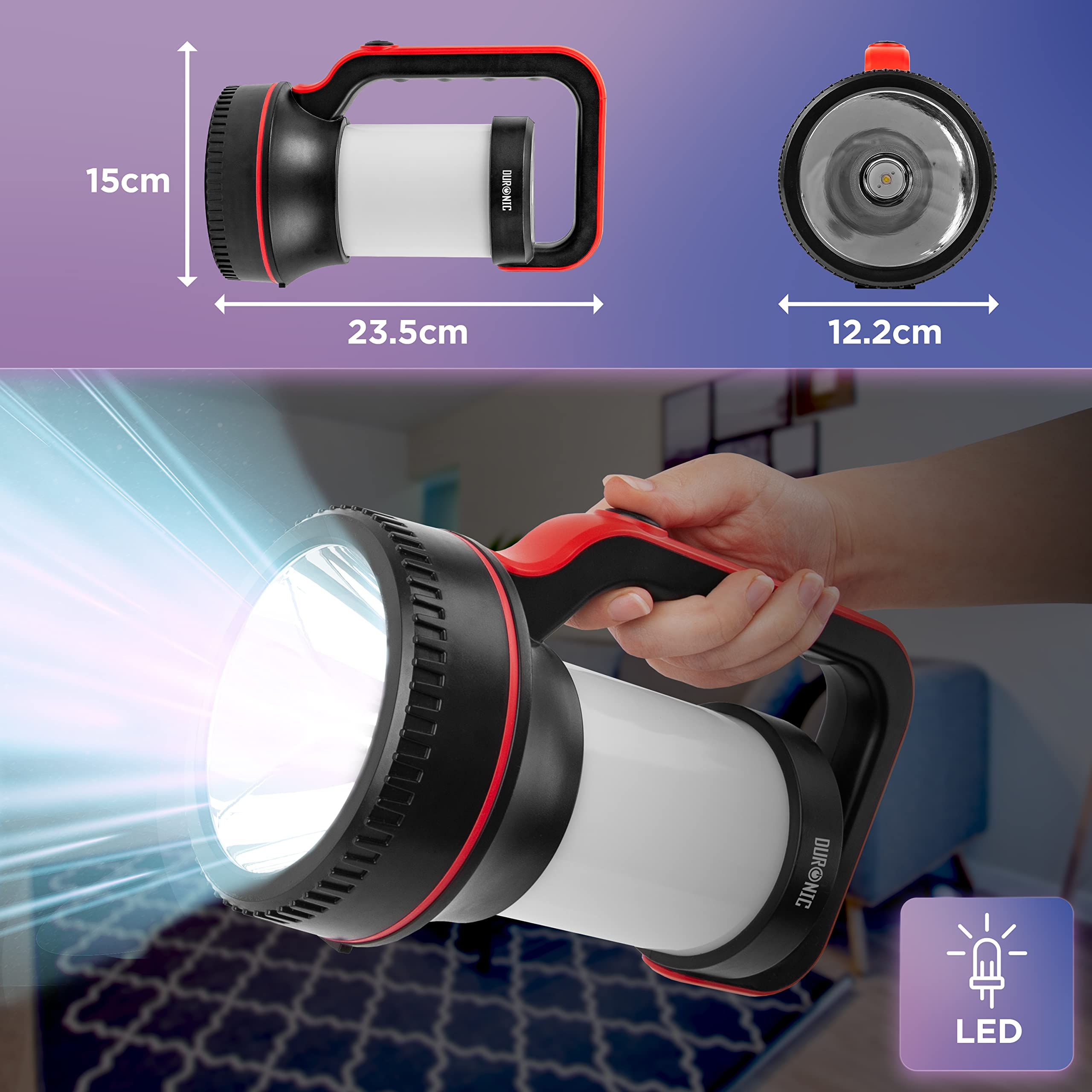 Zoomgoods Camping Lantern LED Torch RL74, Hiking SOS Electric Flashing Rechargeable Flashlight, USB Charging, Emergency Light, Handheld or Freestanding Red & Black