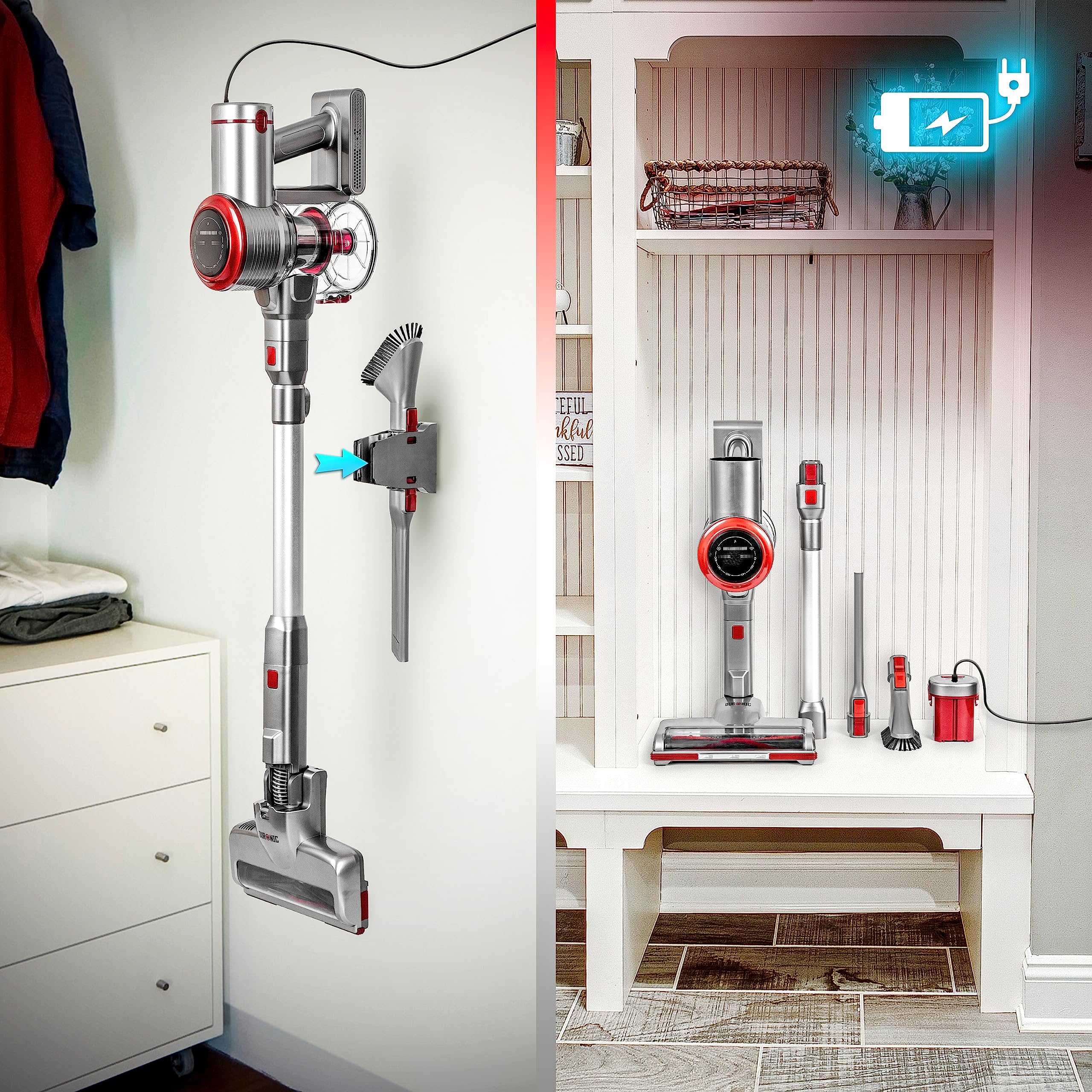 Zoomgoods Cordless Vacuum Cleaner VC24 Rechargeable Hand Held Floor Carpet 220W Upright Stick Cleaners with Lithium Battery, Adjustable Suction for Removing Dust & Pet Hair