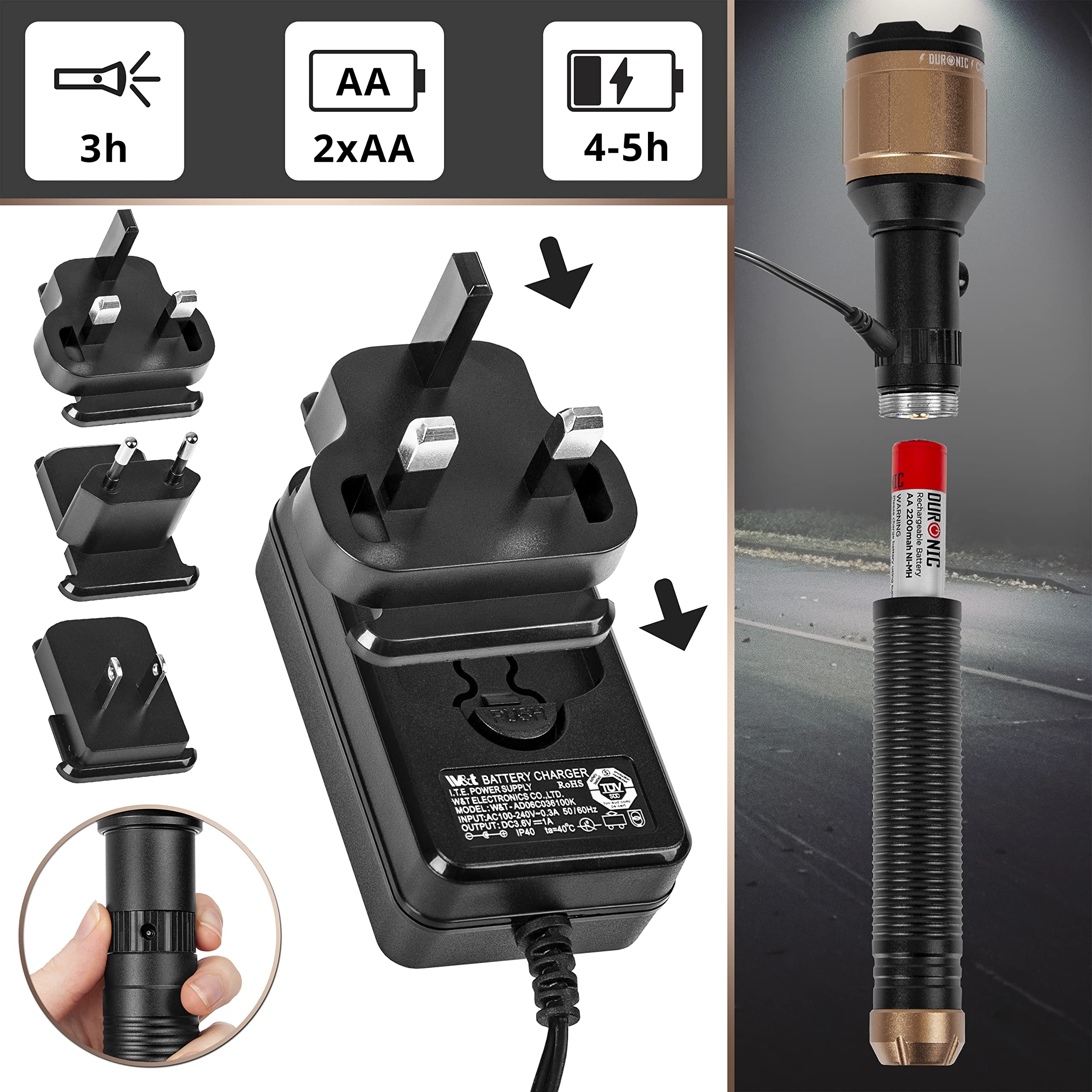 Zoomgoods Rechargeable Torch Flashlight RFL902AA, Hand Held LED Portable Light, Lightweight Super Bright Torch Light for Night, Hiking, Camping, Caving