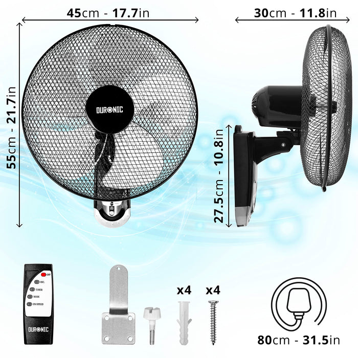 Zoomgoods Wall Fan FN55 Wall Mounted Fans with Remote Control, 16 Inch  3 Speeds, Timer, Black Fan Oscillating Head with 5 Blades for Ultimate Air Cooling For Home, Office