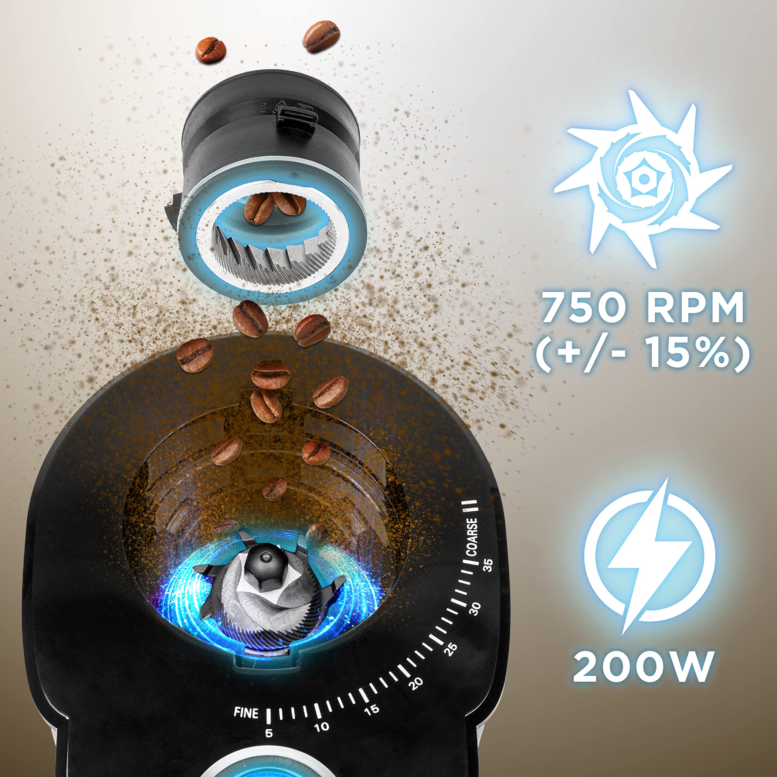 Zoomgoods Burr Coffee Grinder BG200, Conical Burr Grinder for Coffee Beans, Electric Burr Grinder with 35 Grind Settings, Makes up to 12 Cups, 200W, 200g Capacity