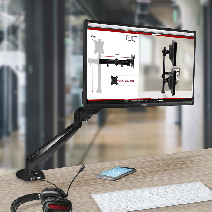 Zoomgoods Monitor Arm Stand DMUSB5X1 | Single PC Desk Mount | Headphone, USB, Microphone Extension Sockets | 13-27” LED LCD Screen | VESA 75/100 | Full Motion (Tilt -90°/+85°, Swivel 180°, Rotate 360°)