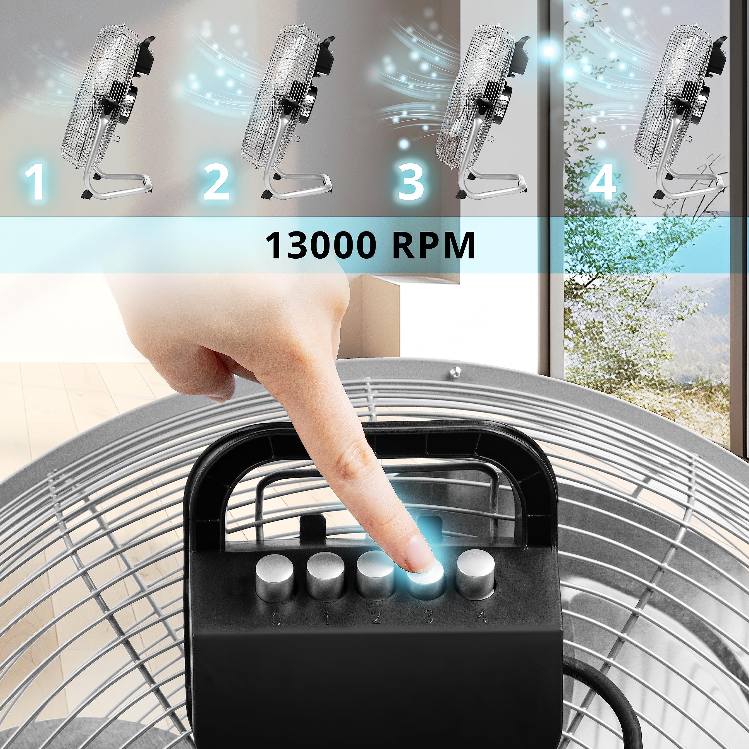 Zoomgoods Floor Fan FN20, Electric Cooling Fan, Portable Pedestal Stand, Lightweight Adjustable Tilt, 3 Chrome Blades, 4 Speeds, High Velocity Industrial Floor Standing Fan for Home Bedroom Office Gym