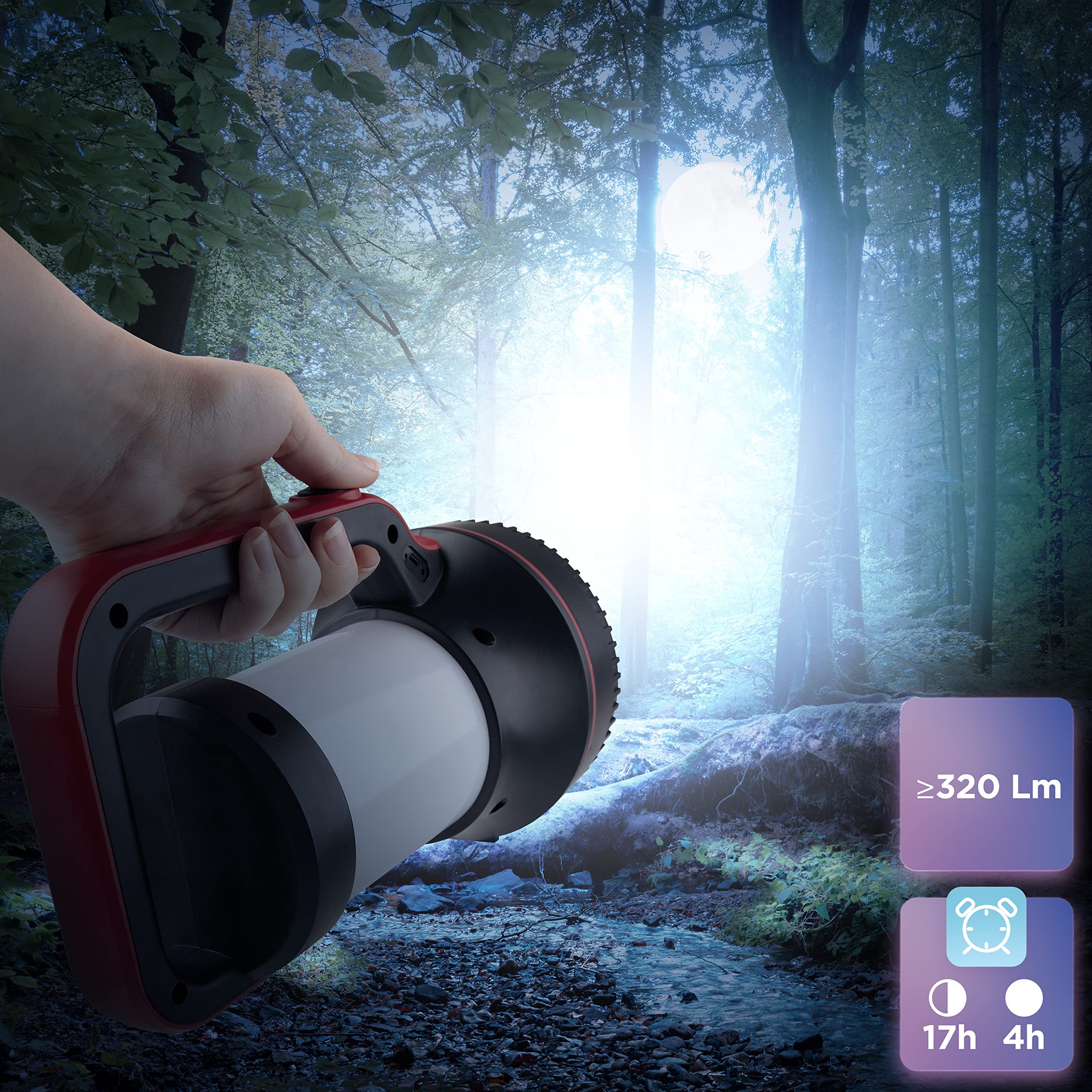 Zoomgoods Camping Lantern LED Torch RL74, Hiking SOS Electric Flashing Rechargeable Flashlight, USB Charging, Emergency Light, Handheld or Freestanding Red & Black