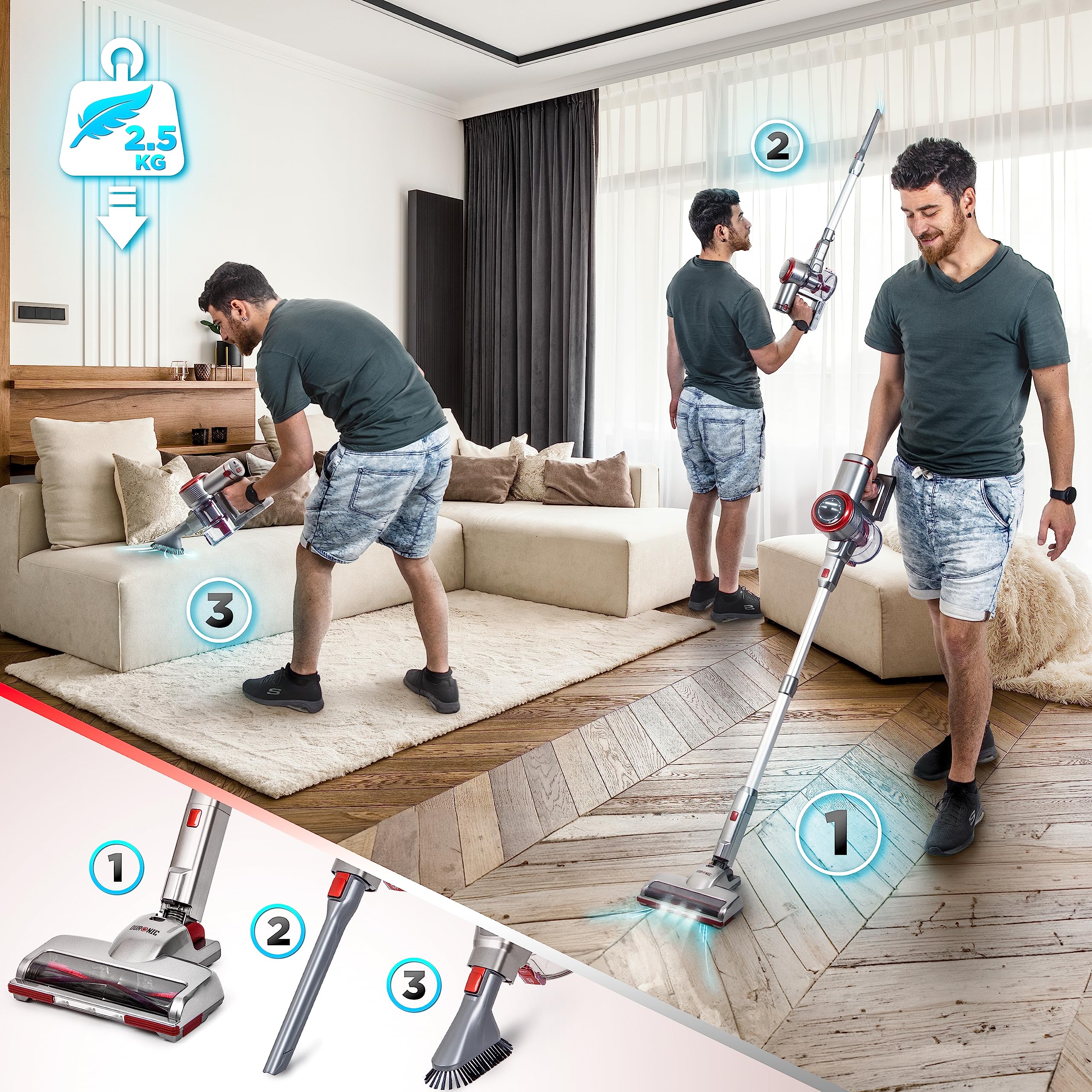 Zoomgoods Cordless Vacuum Cleaner VC24 Rechargeable Hand Held Floor Carpet 220W Upright Stick Cleaners with Lithium Battery, Adjustable Suction for Removing Dust & Pet Hair