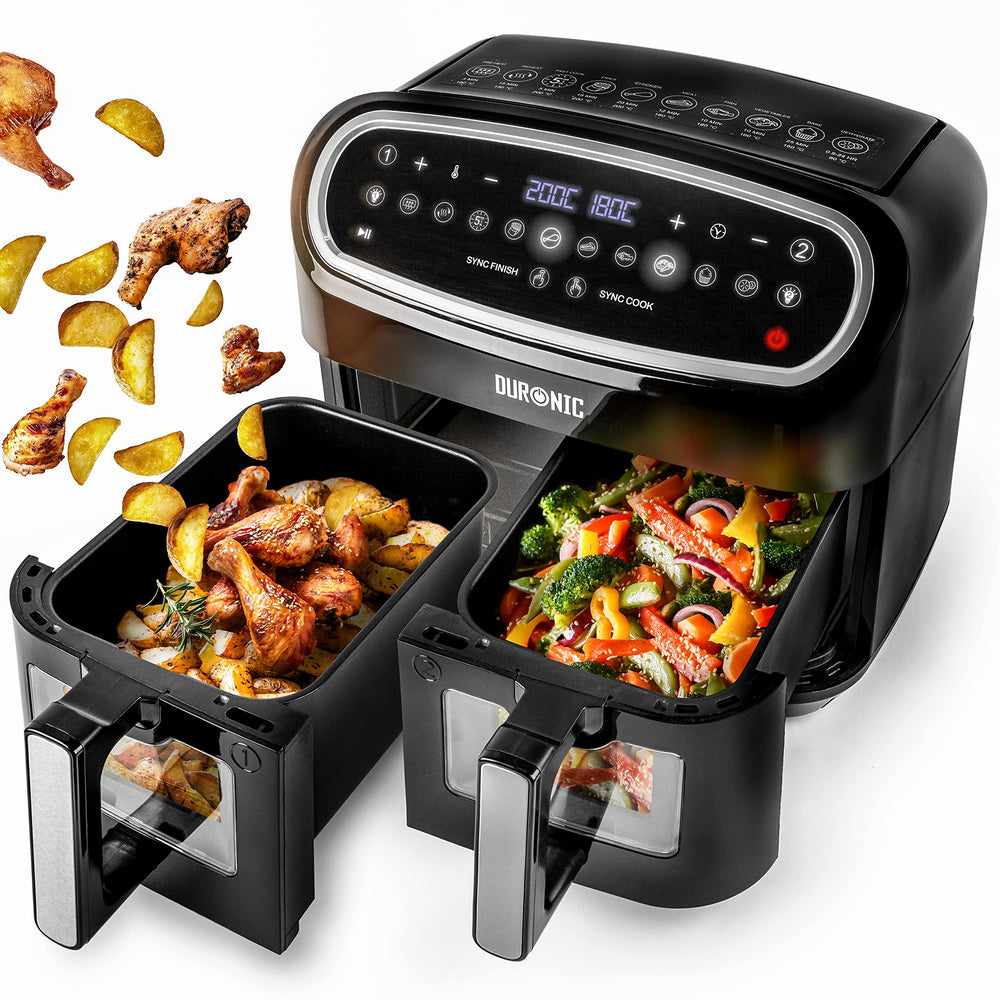 Zoomgoods AF24 BK dual drawer air fryer cooking wings wedges vegetables