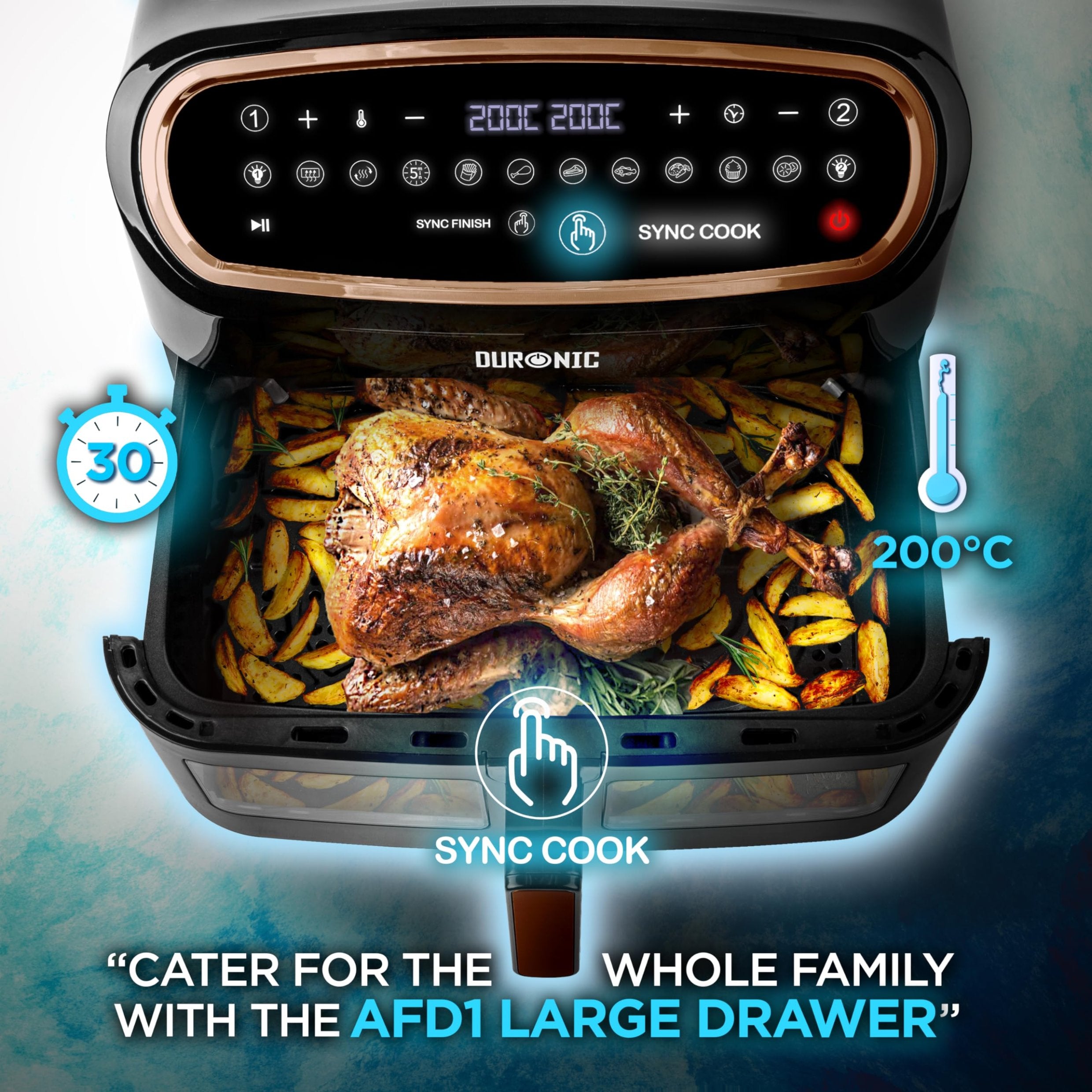 Zoomgoods AF34 BG digital air fryer with Sync Cook cooking dinner roast chicken potato wedges