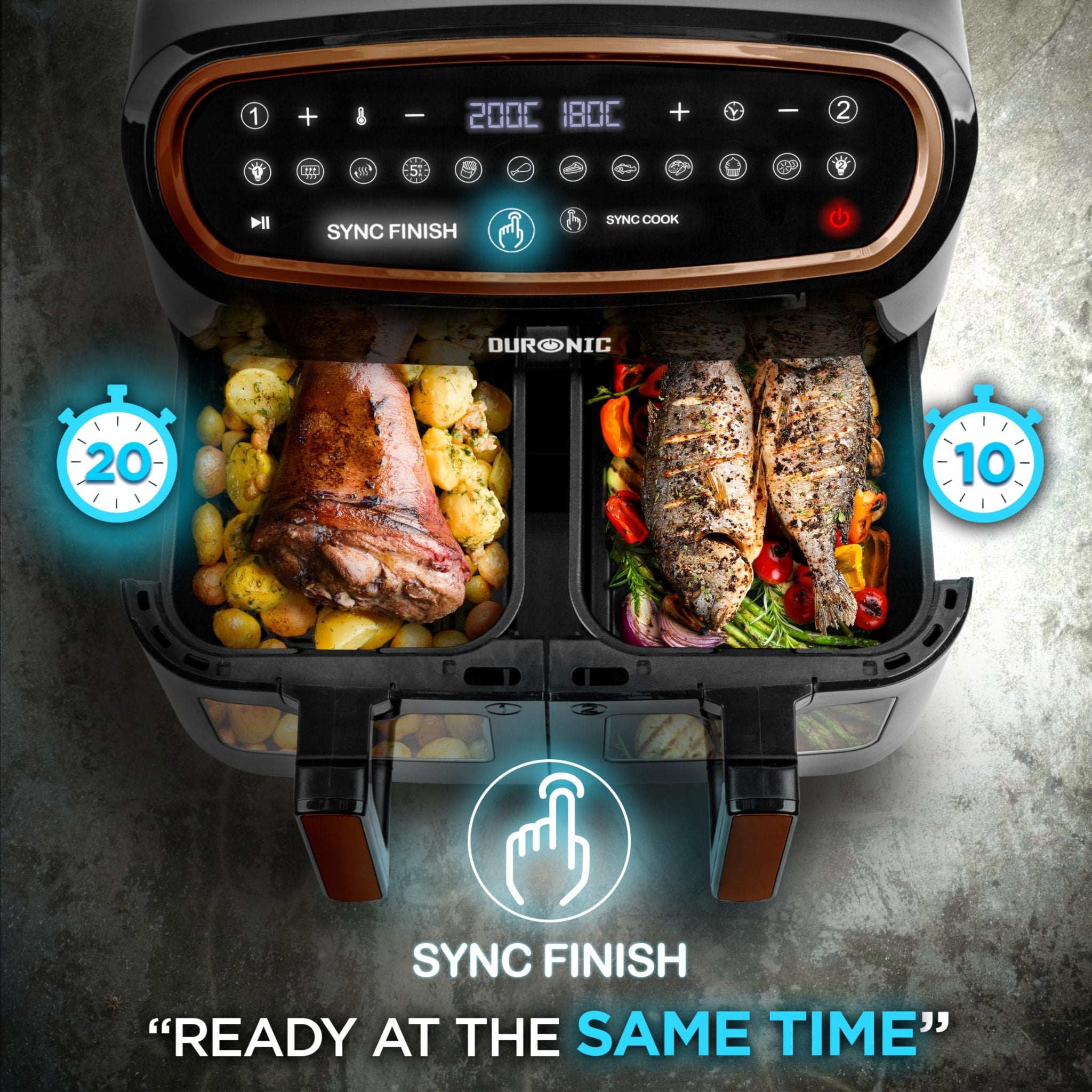 Zoomgoods AF34 BG dual drawer air fryer cooking lamb meat potatoes fish vegetables sync finish