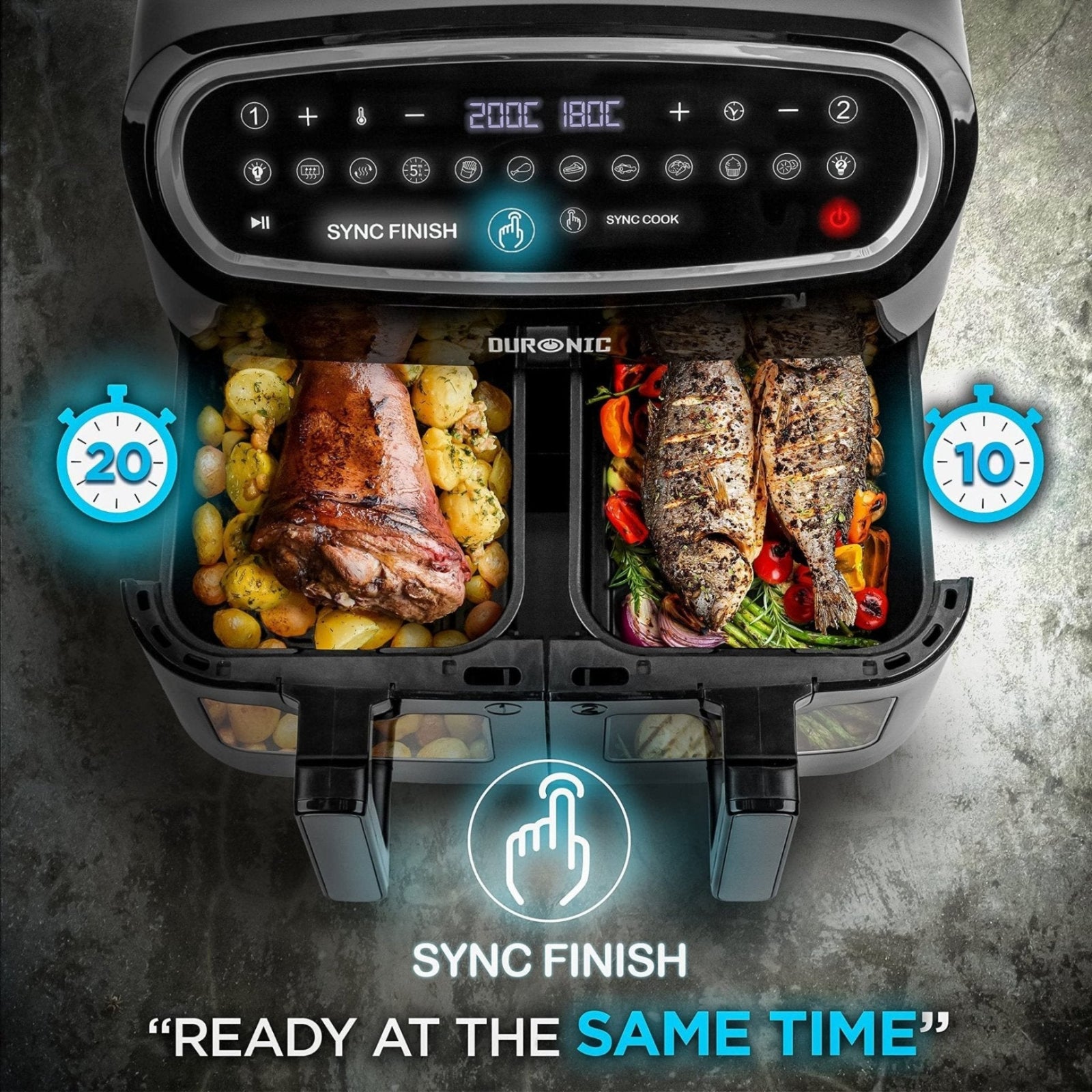 Zoomgoods AF34 BK double drawer air fryer with Sync Finish cooking roast meat, fish, vegetables, potatoes simultaneously