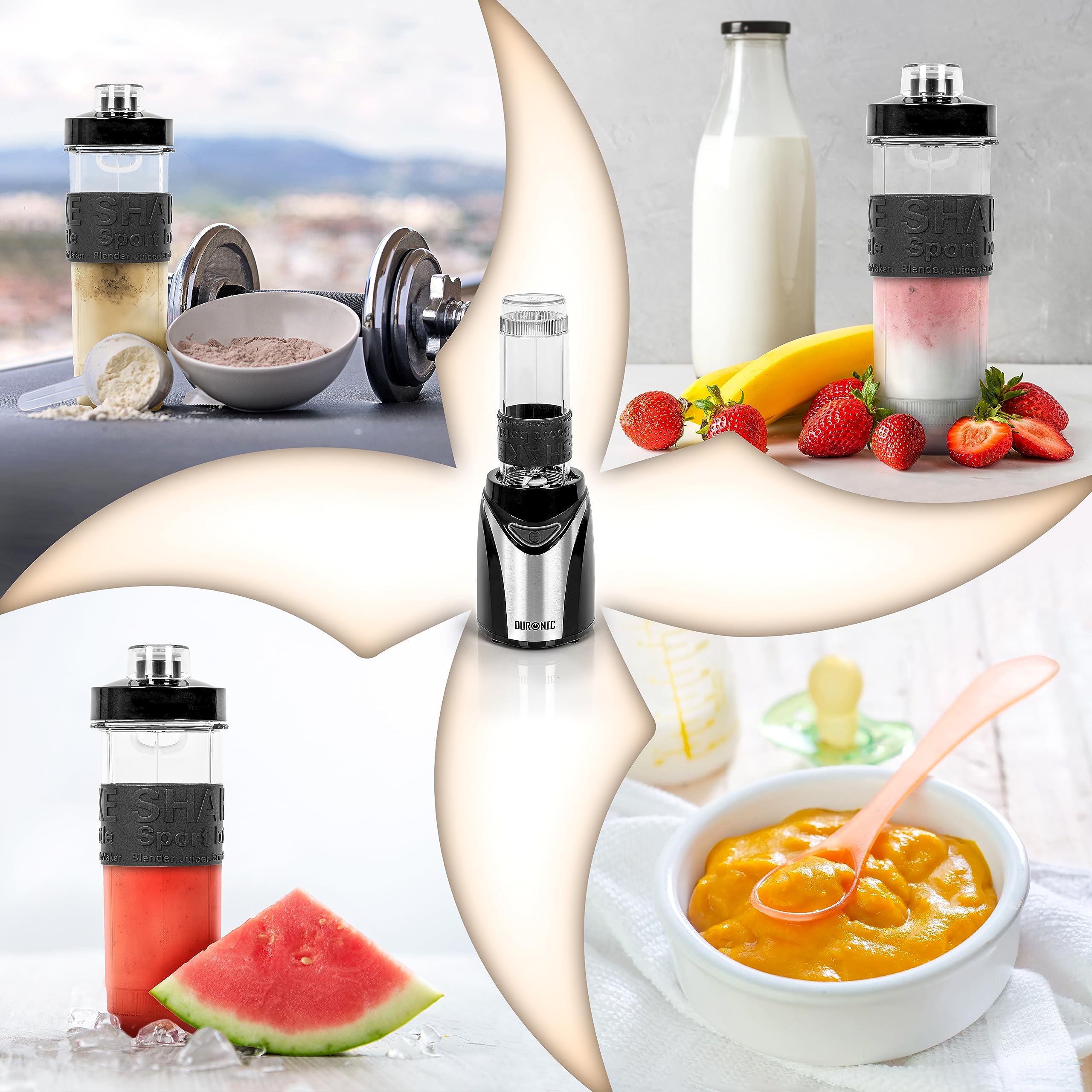 Zoomgoods BL530 mini blender showing multiple things to blend like protein shakes, baby food, milkshakes, smoothies, juice